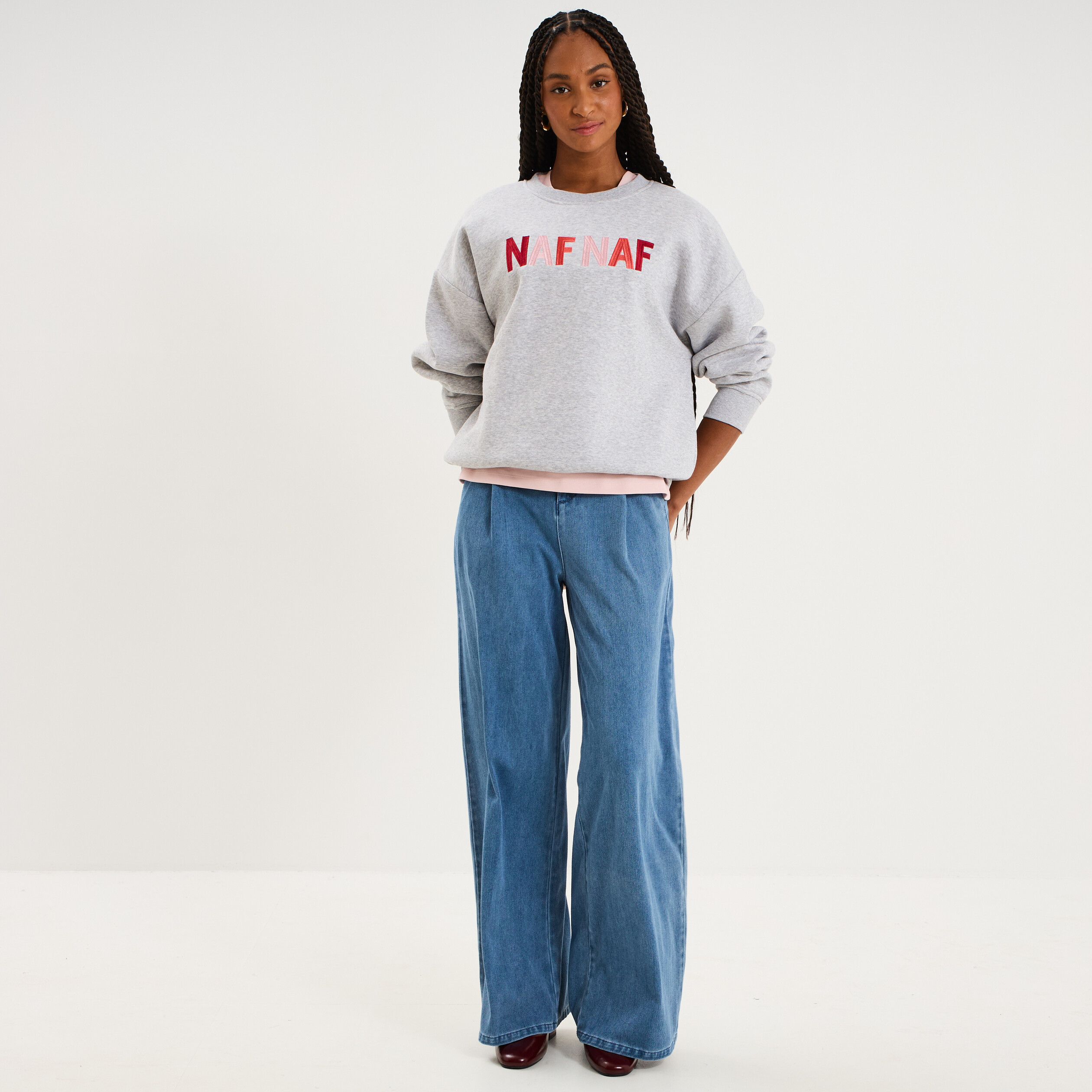 Jean large taille mi-haute &agrave; pinces denim double stone femme