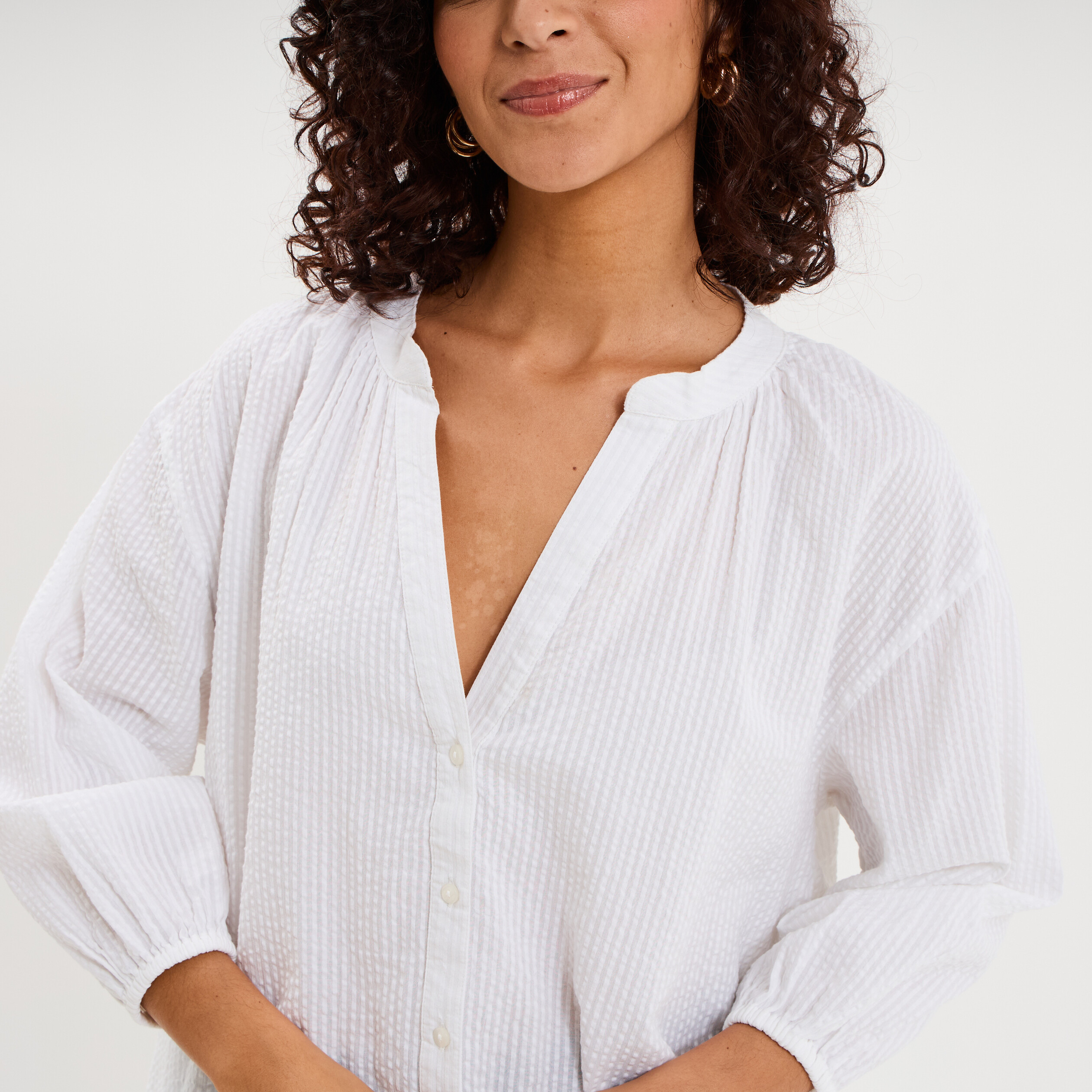 Blouse col tunisien manches 3/4 coton blanc femme