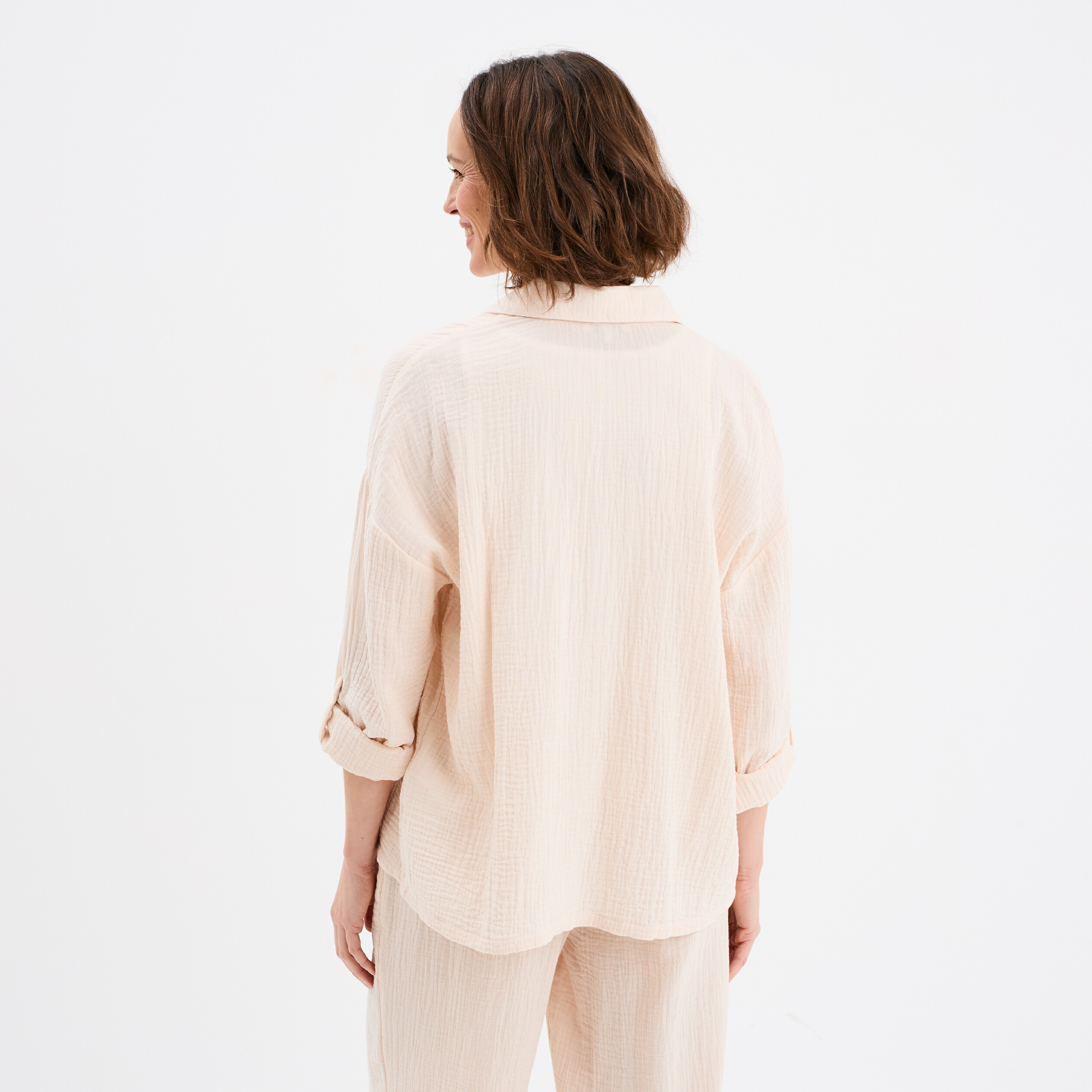 Chemise manches longues en gaze de coton beige femme
