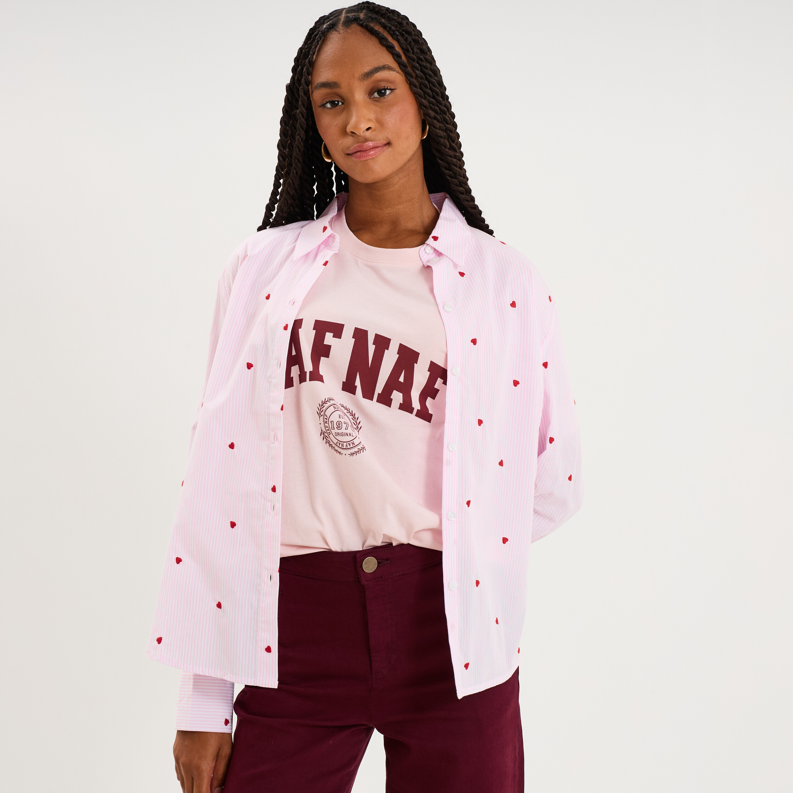 Chemise manches longues brod&eacute;e rose femme