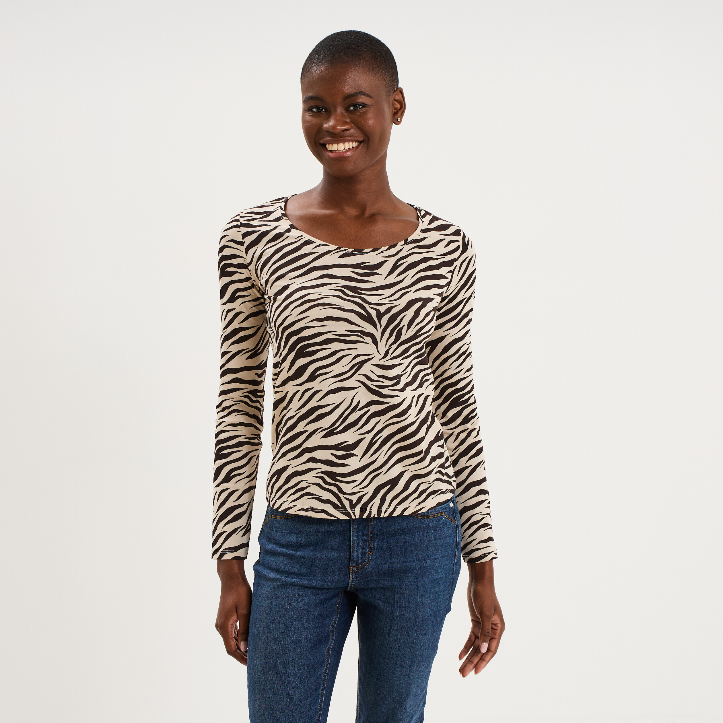 T-shirt col rond manches longues coton beige clair femme