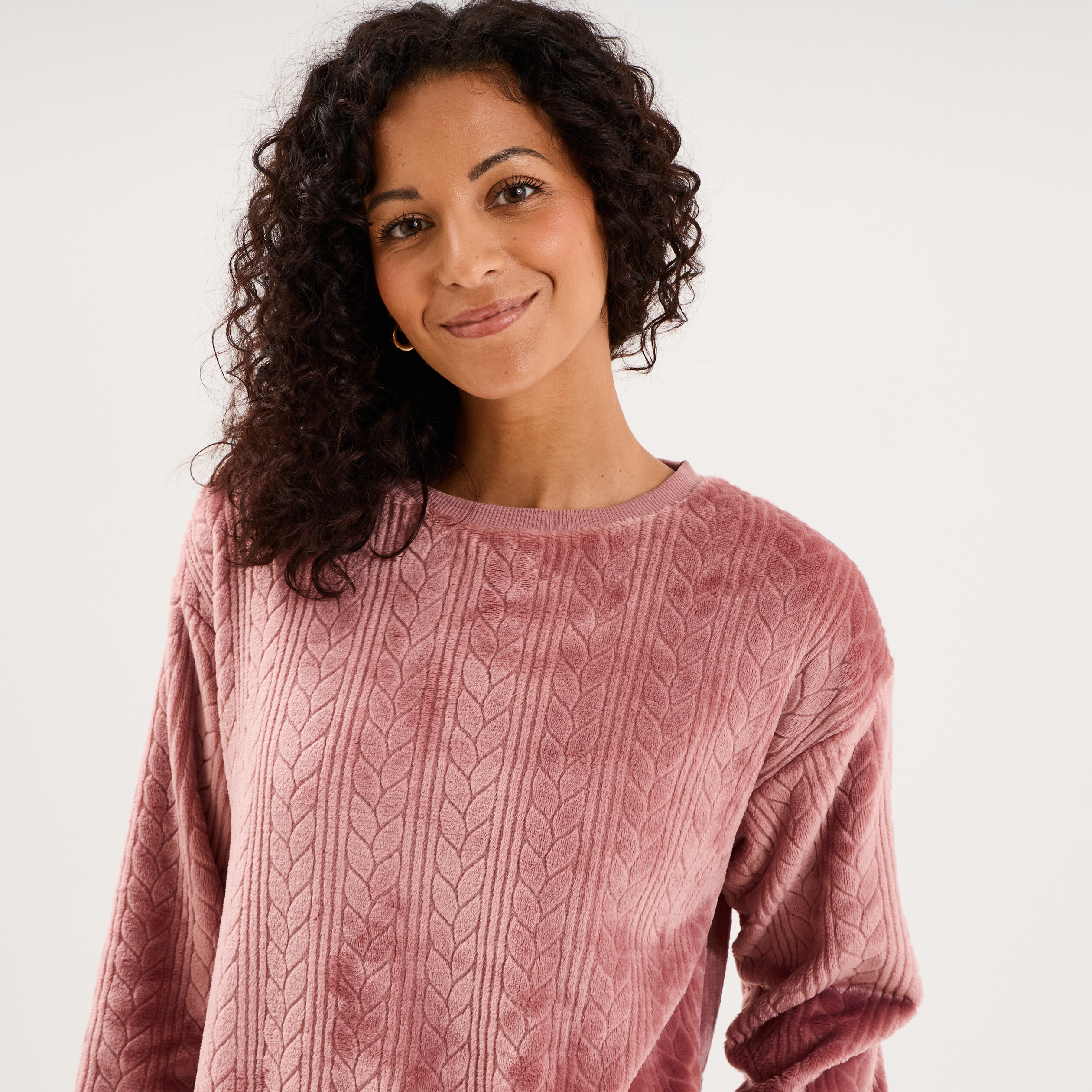 Haut de pyjama sweat polaire torsad&eacute; rose framboise femme