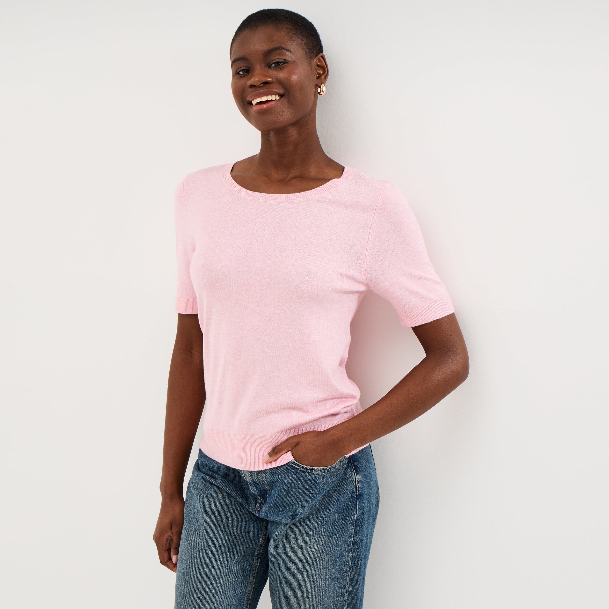 Pull manches courtes col rond rose clair femme
