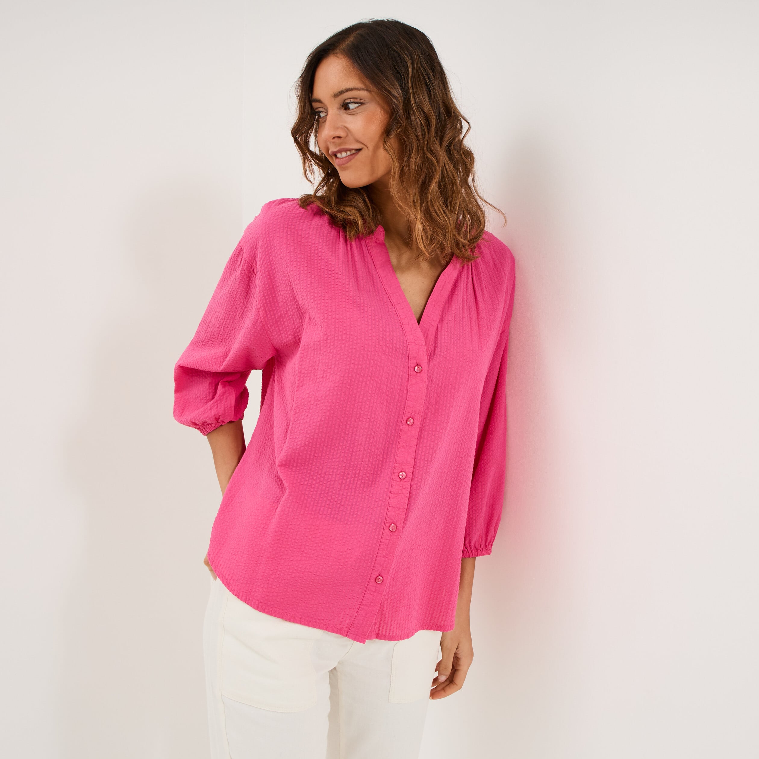 Blouse col tunisien manches 3/4 coton rose fushia femme