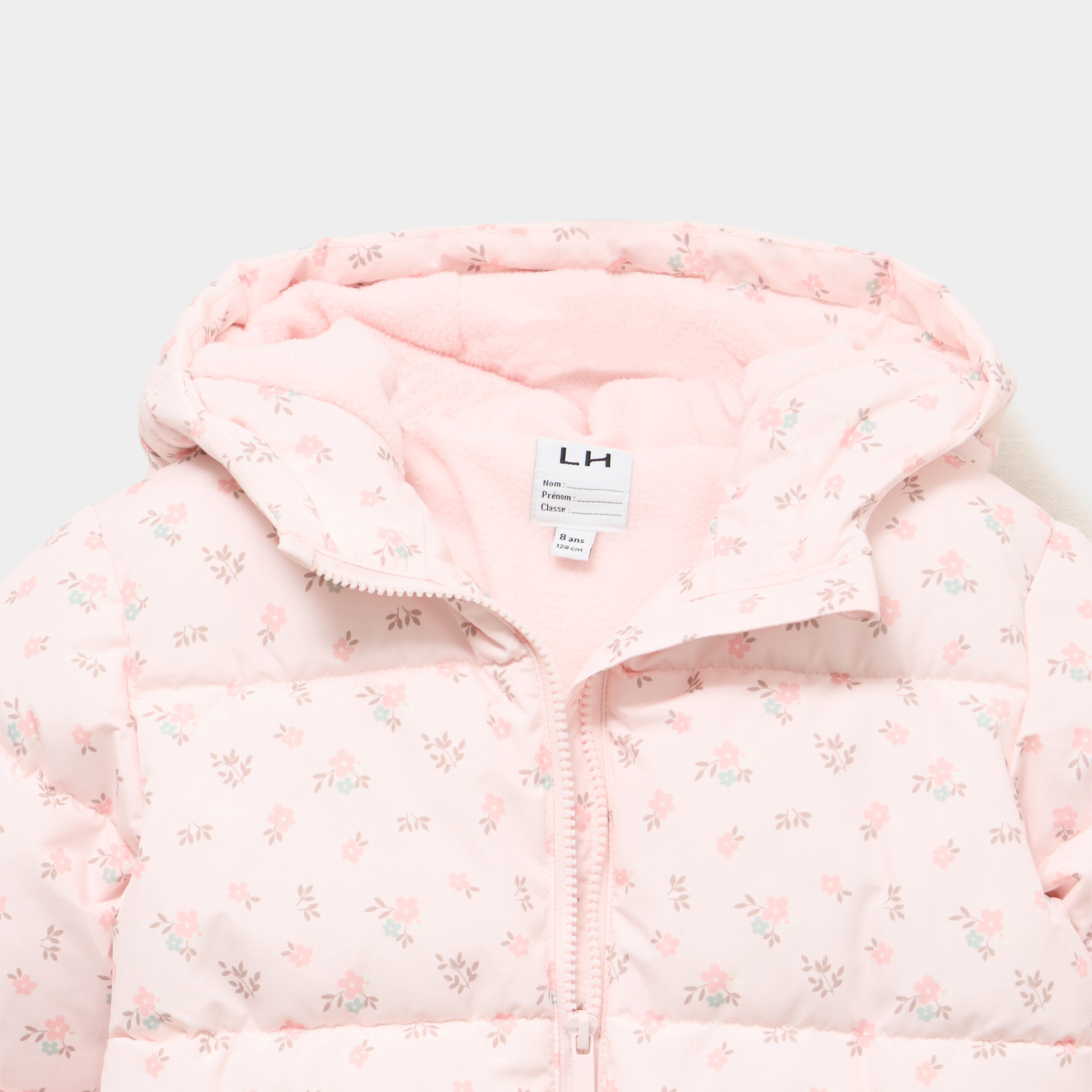 Doudoune zipp&eacute;e &agrave; capuche rose poudr&eacute;e fille