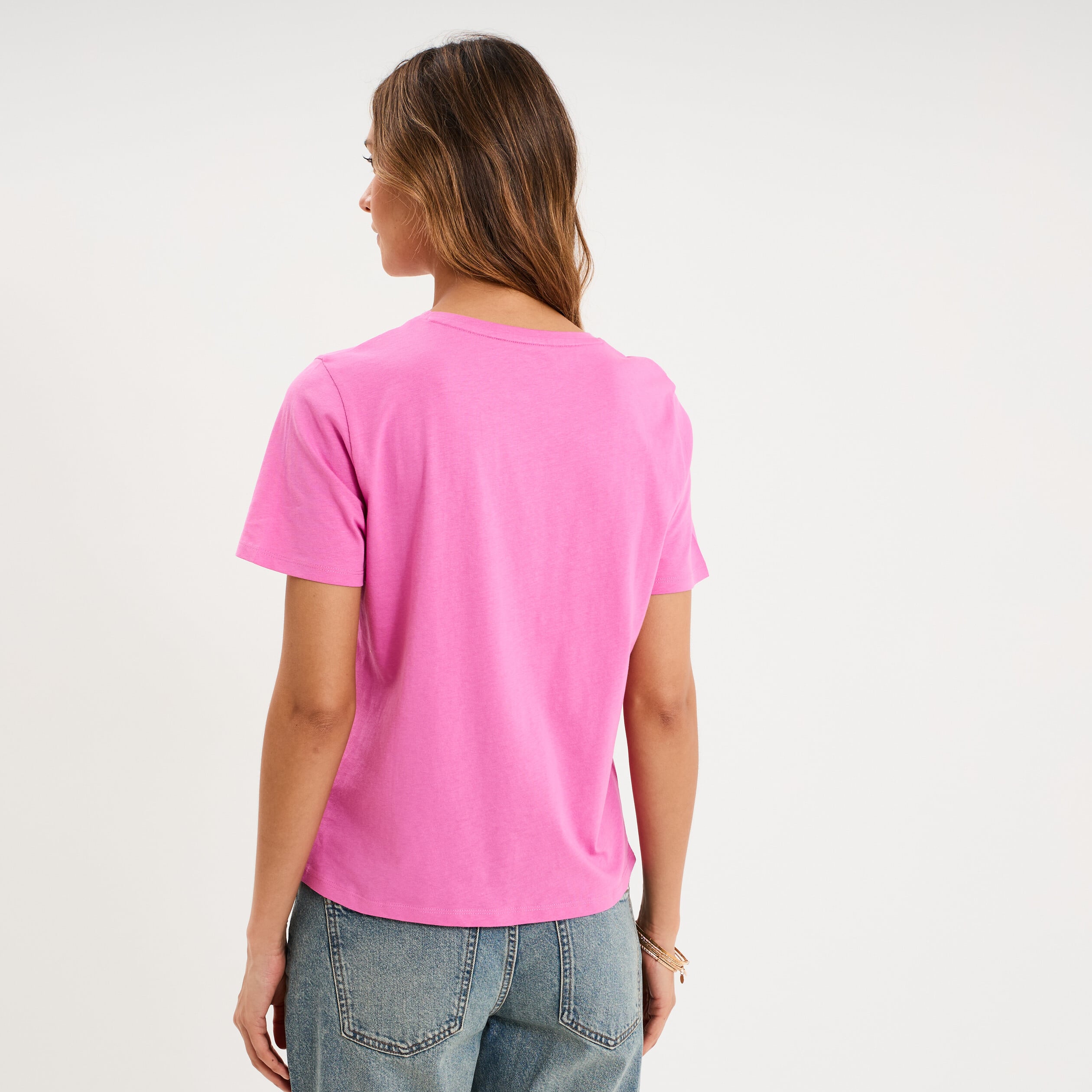 T-shirt col rond manches courtes rose fushia femme