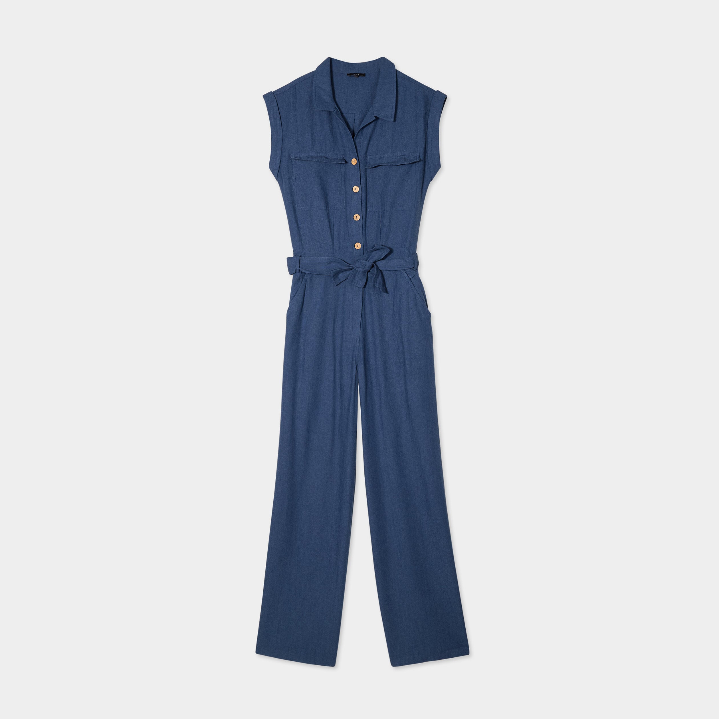 Combinaison pantalon ceintur&eacute;e bleu fonc&eacute; femme