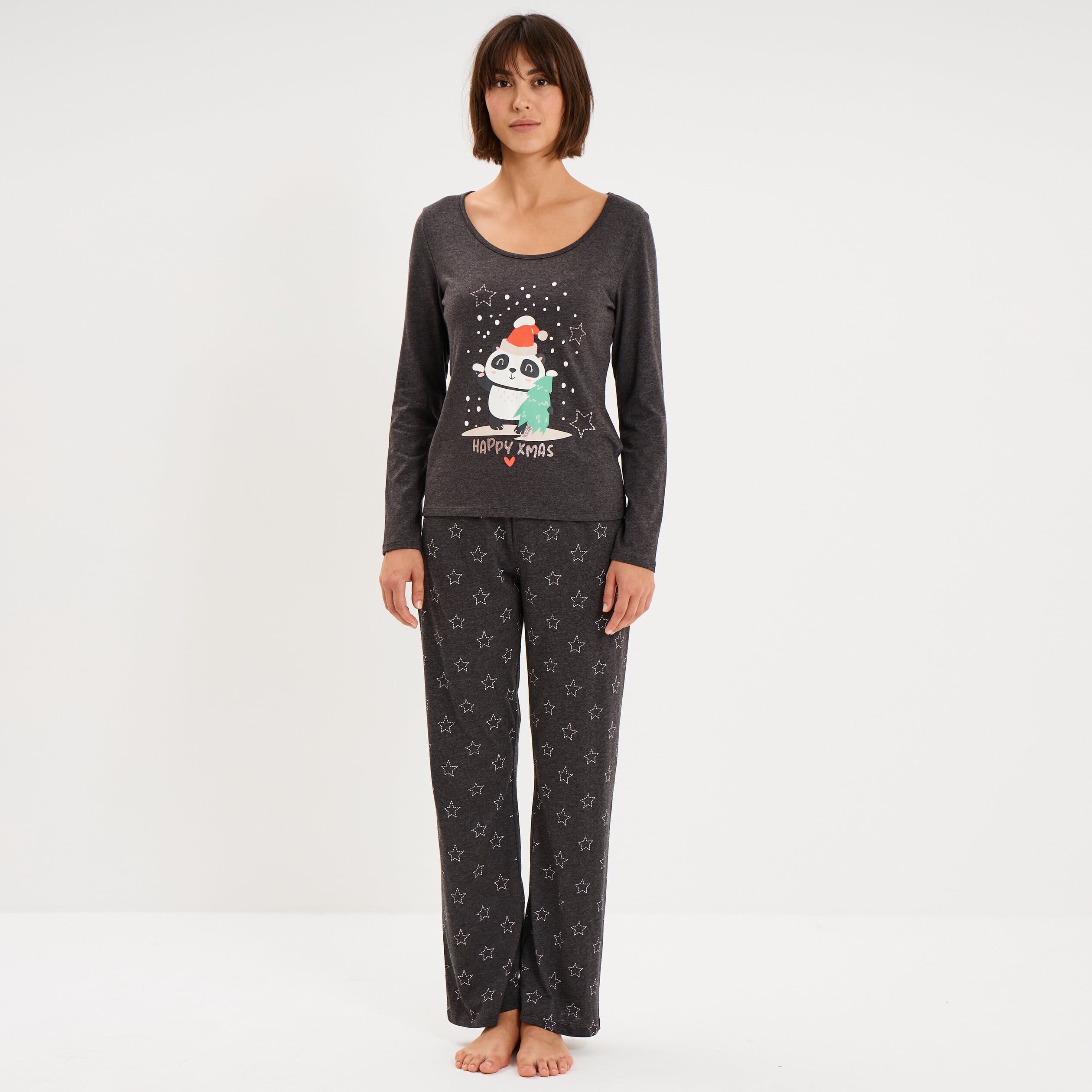 Ensemble pyjama No&euml;l 2 pi&egrave;ces gris fonc&eacute; femme