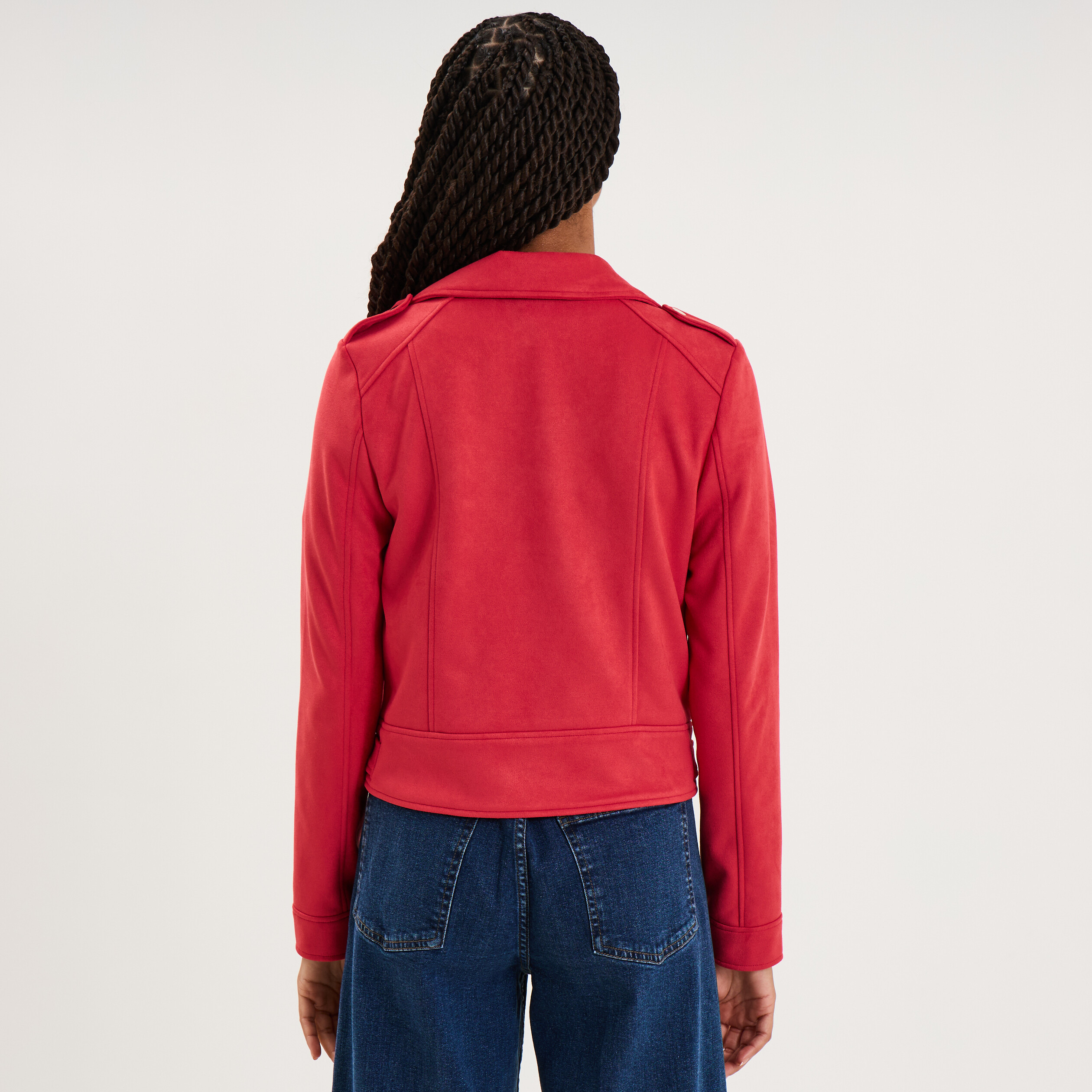 Veste biker en su&eacute;dine ajust&eacute;e rouge femme