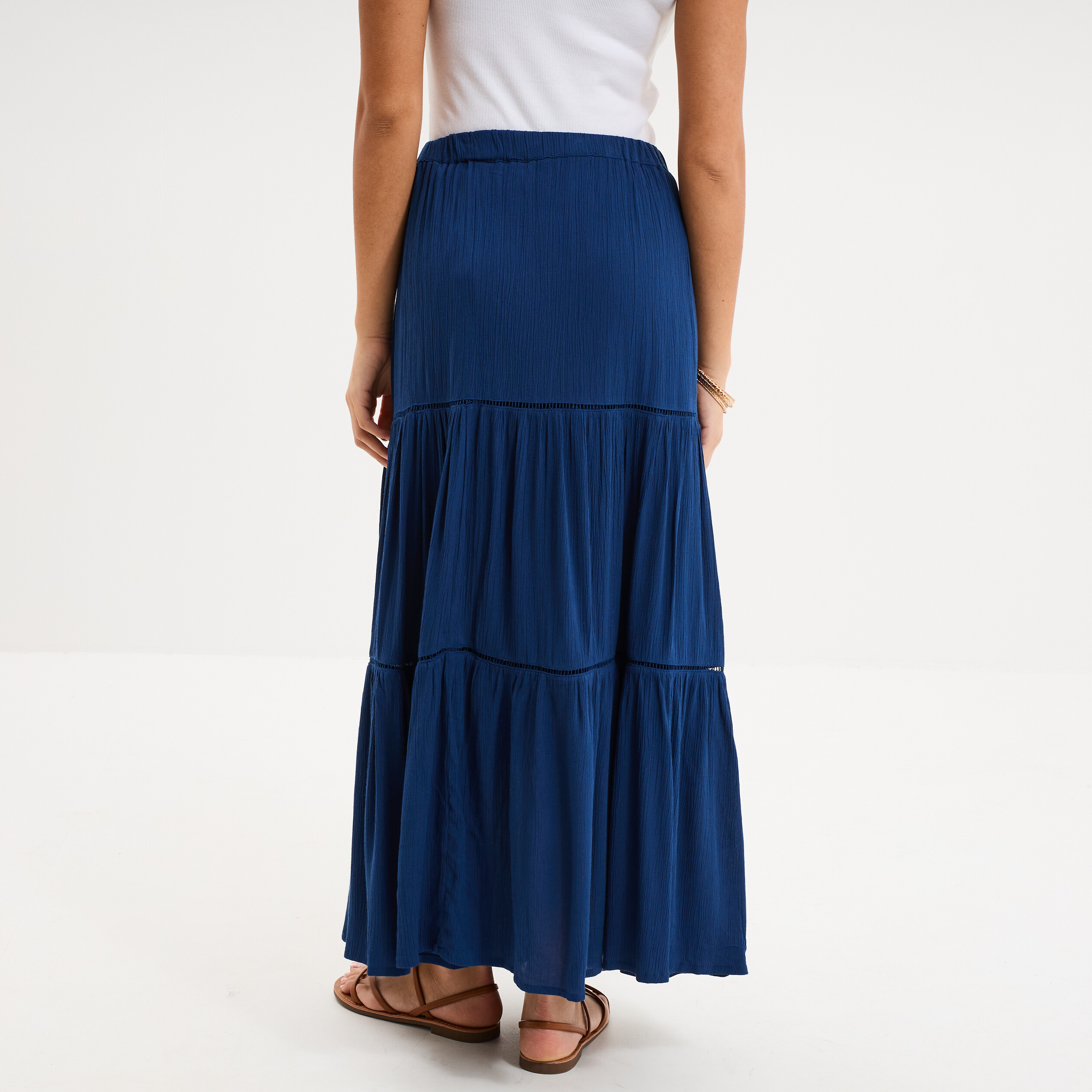 Jupe longue fluide taille &eacute;lastiqu&eacute;e bleu marine femme