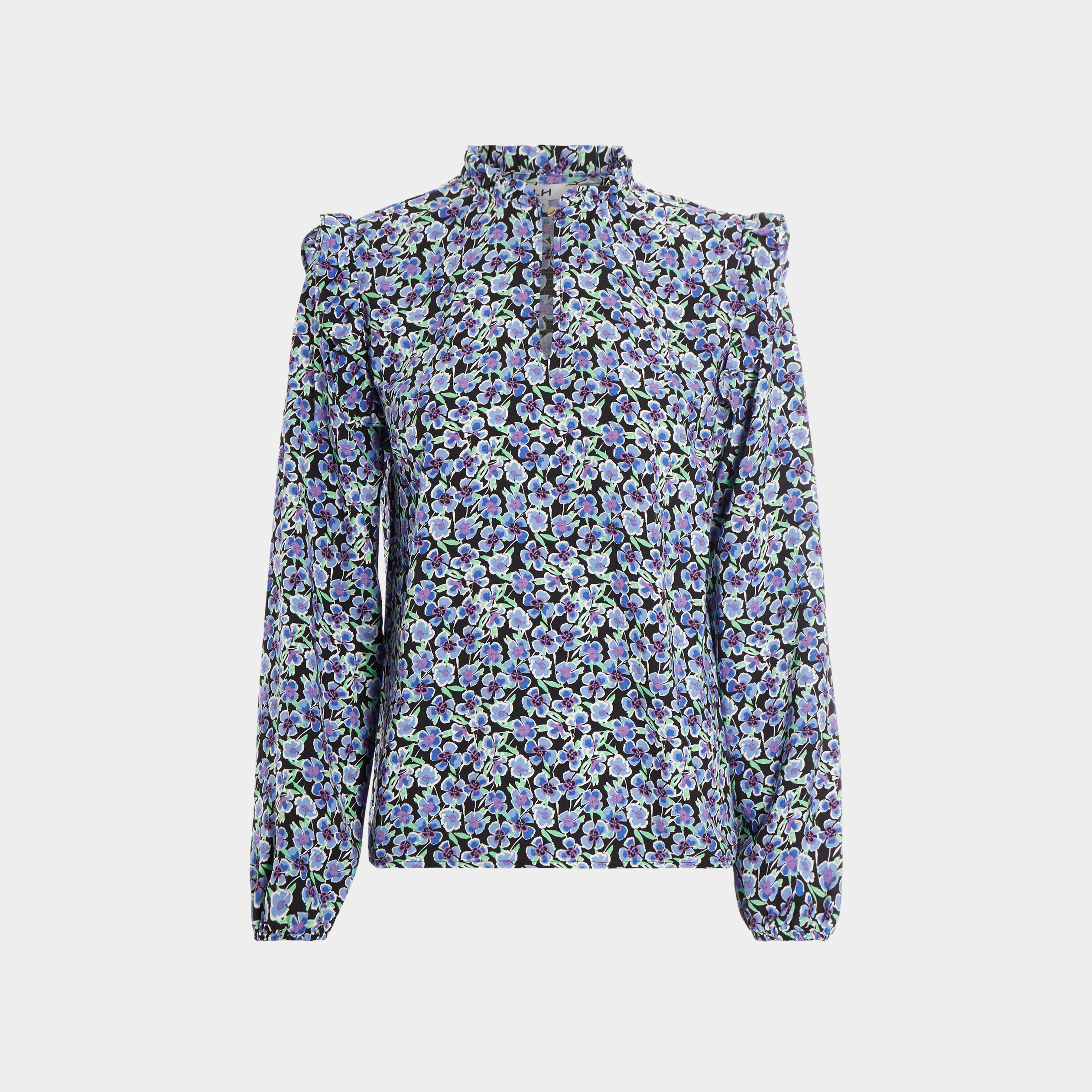 Blouse à épaules et col volantés bleu marine femme