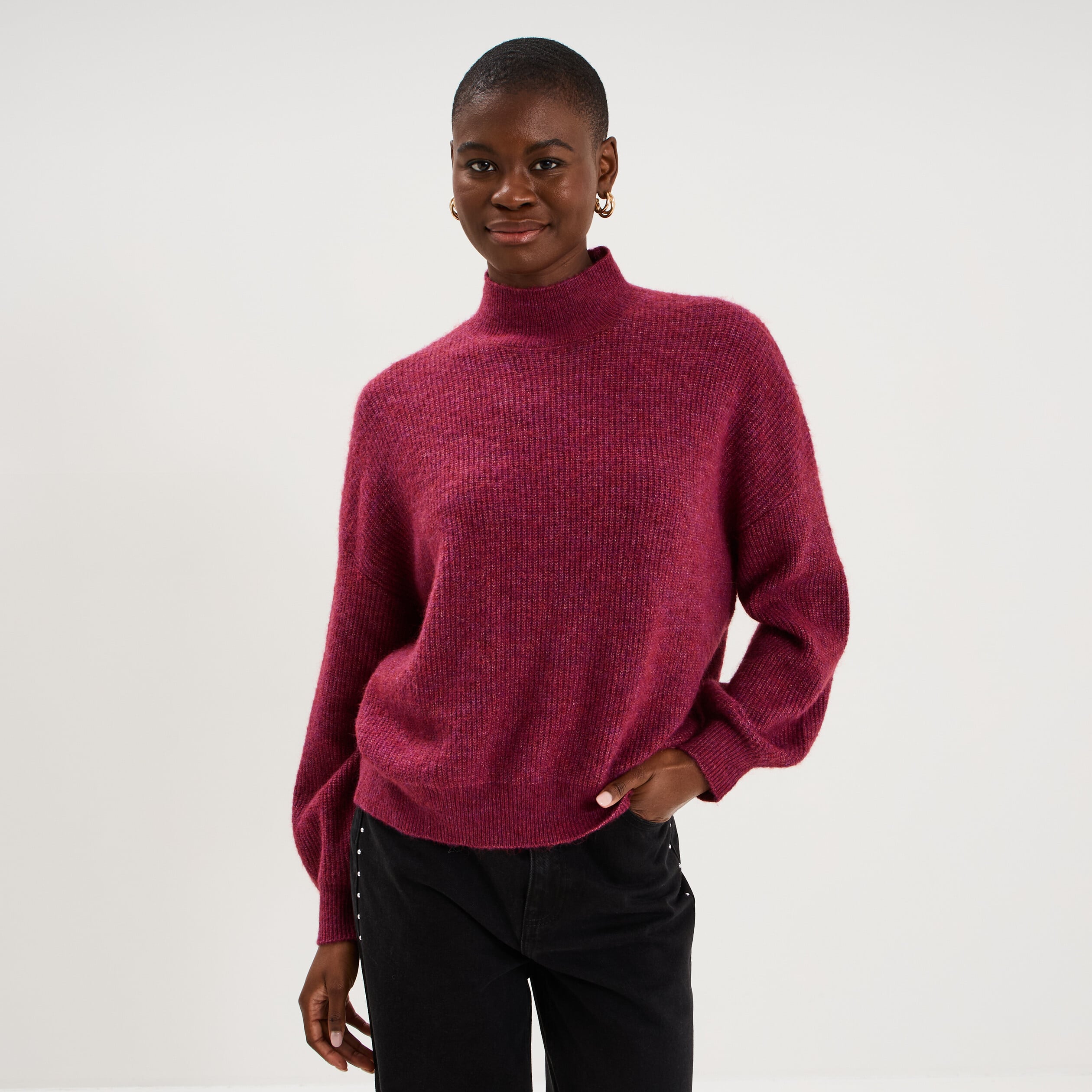 Pull col montant manches longues amples rouge fonc&eacute; femme