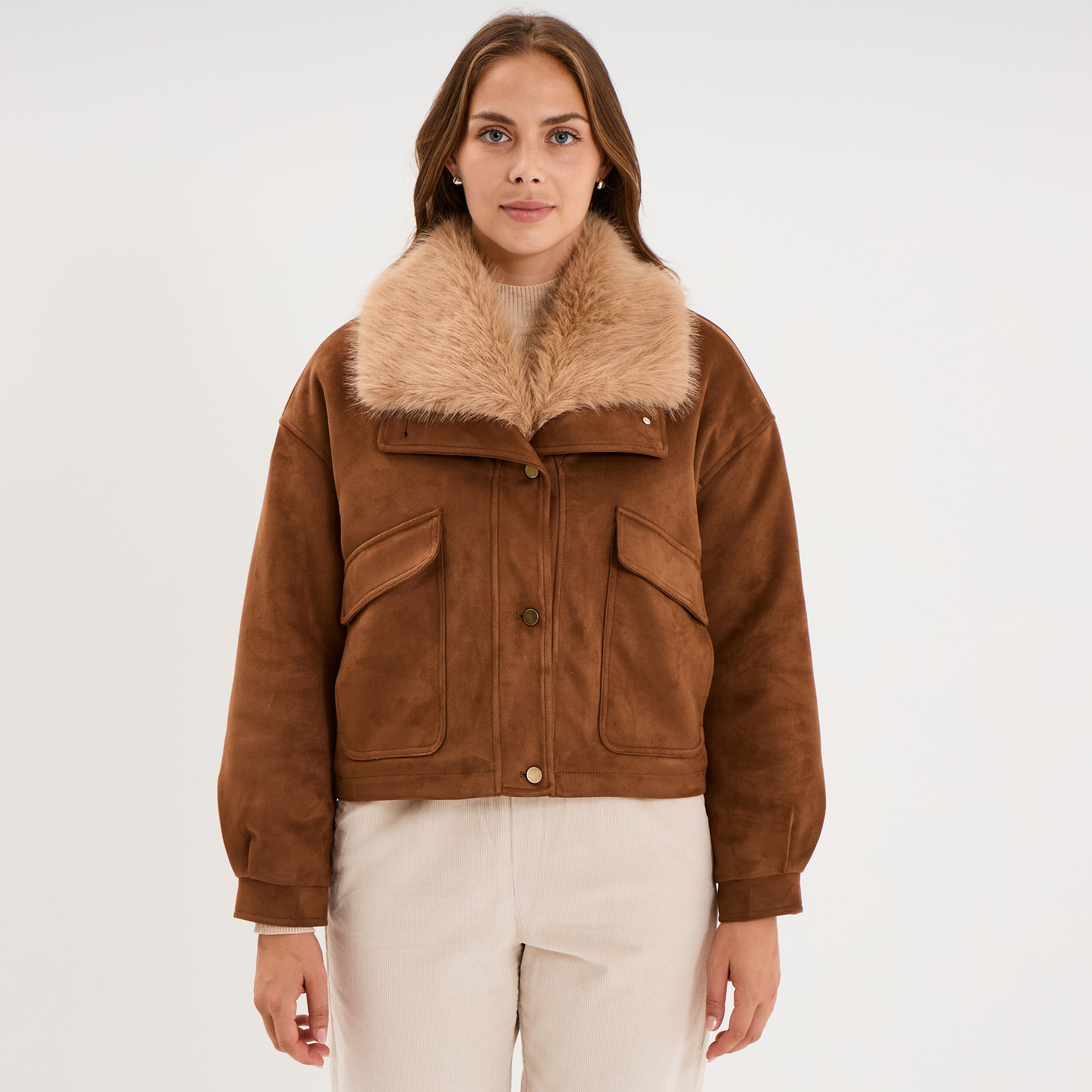 Veste effet su&eacute;dine col fausse fourrure marron femme