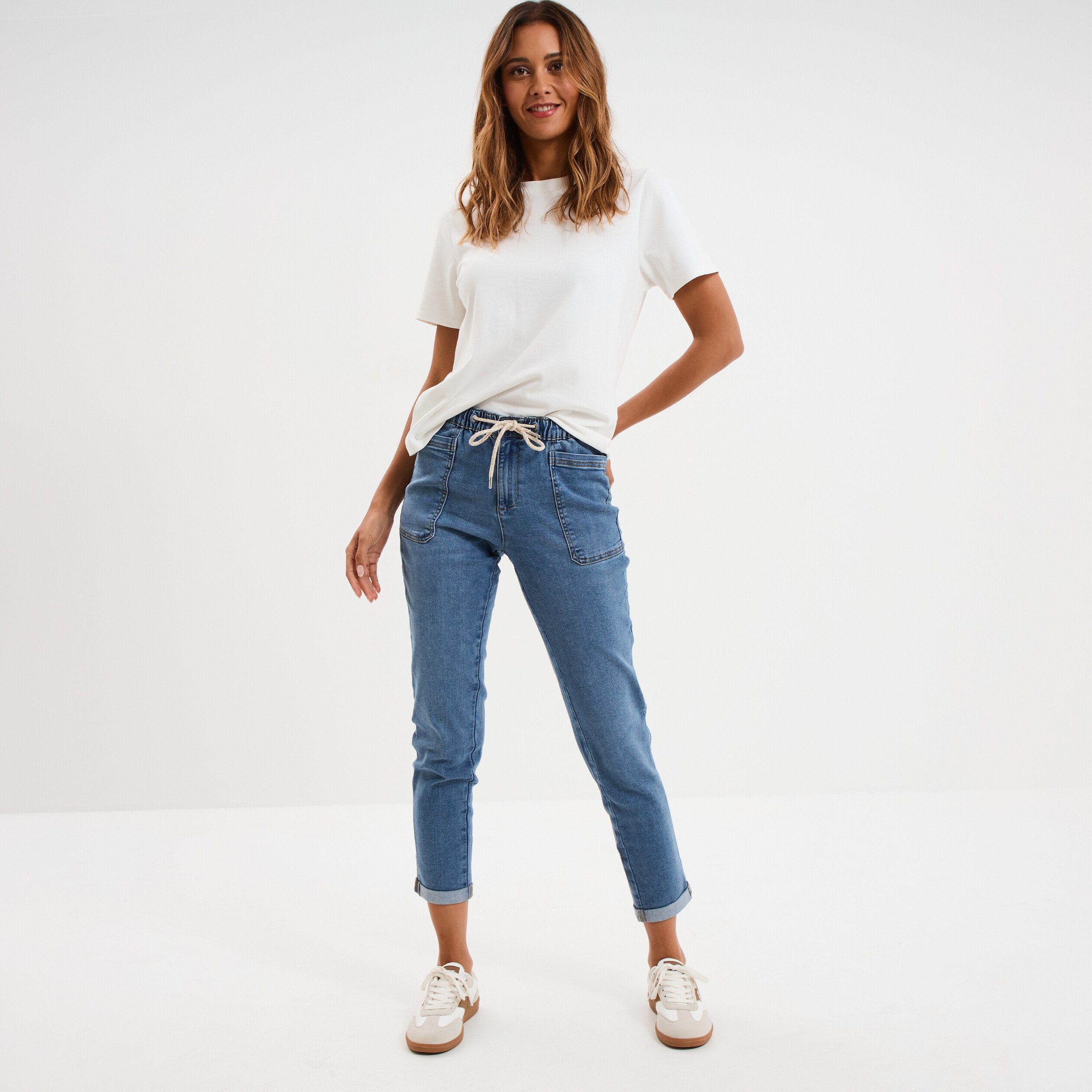 jeans droit taille elastiquee denim stone femme Jeans droit taille élastiquée denim stone femme