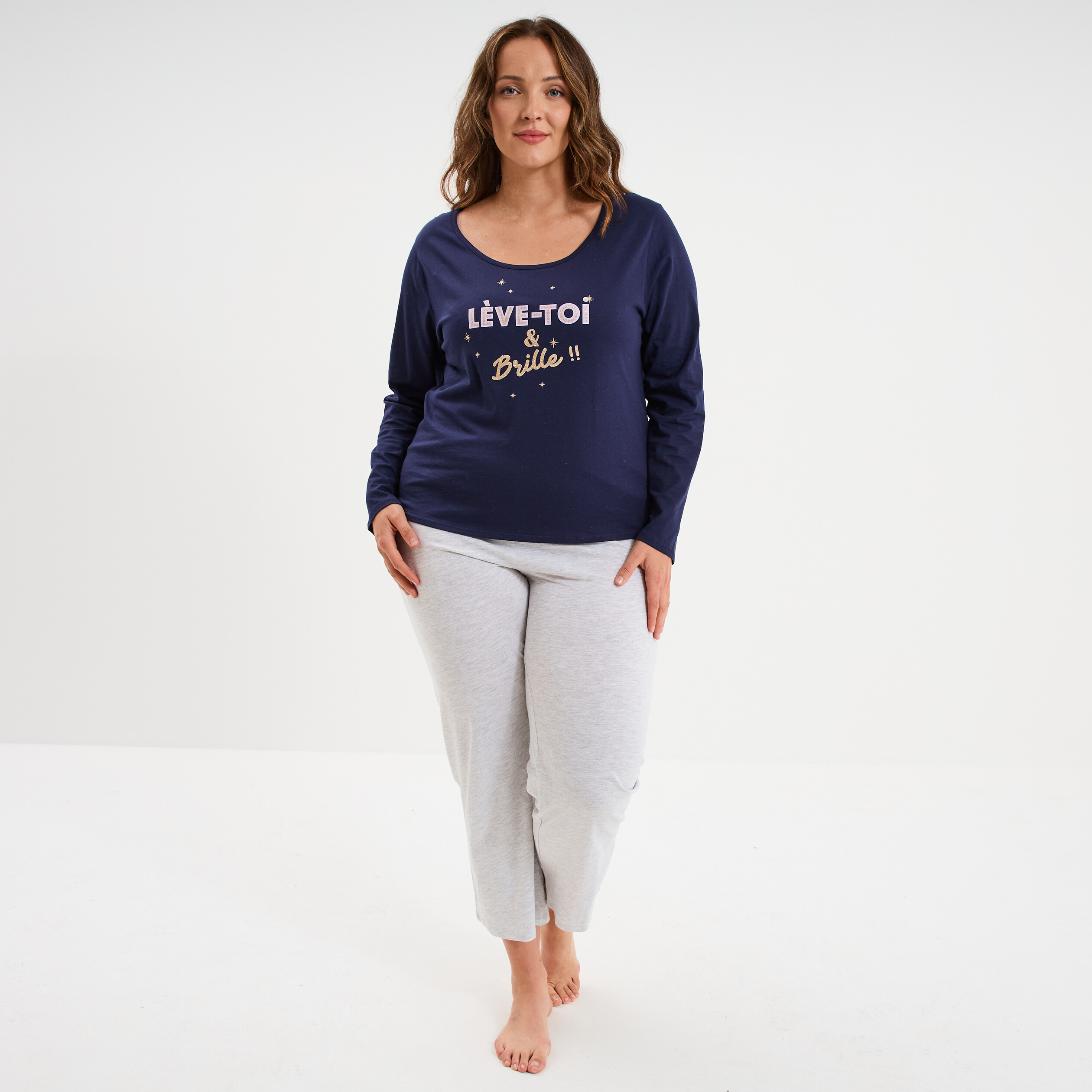 Ensemble pyjama 2 pi&egrave;ces coton bleu marine femme grande taille