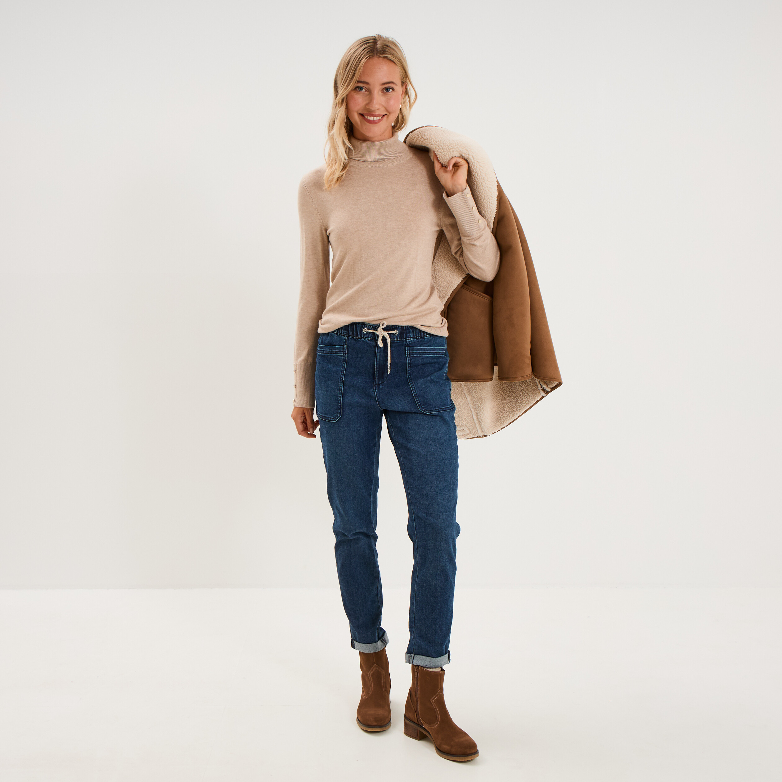 Jeans droit cropped taille &eacute;lastiqu&eacute;e bleu femme