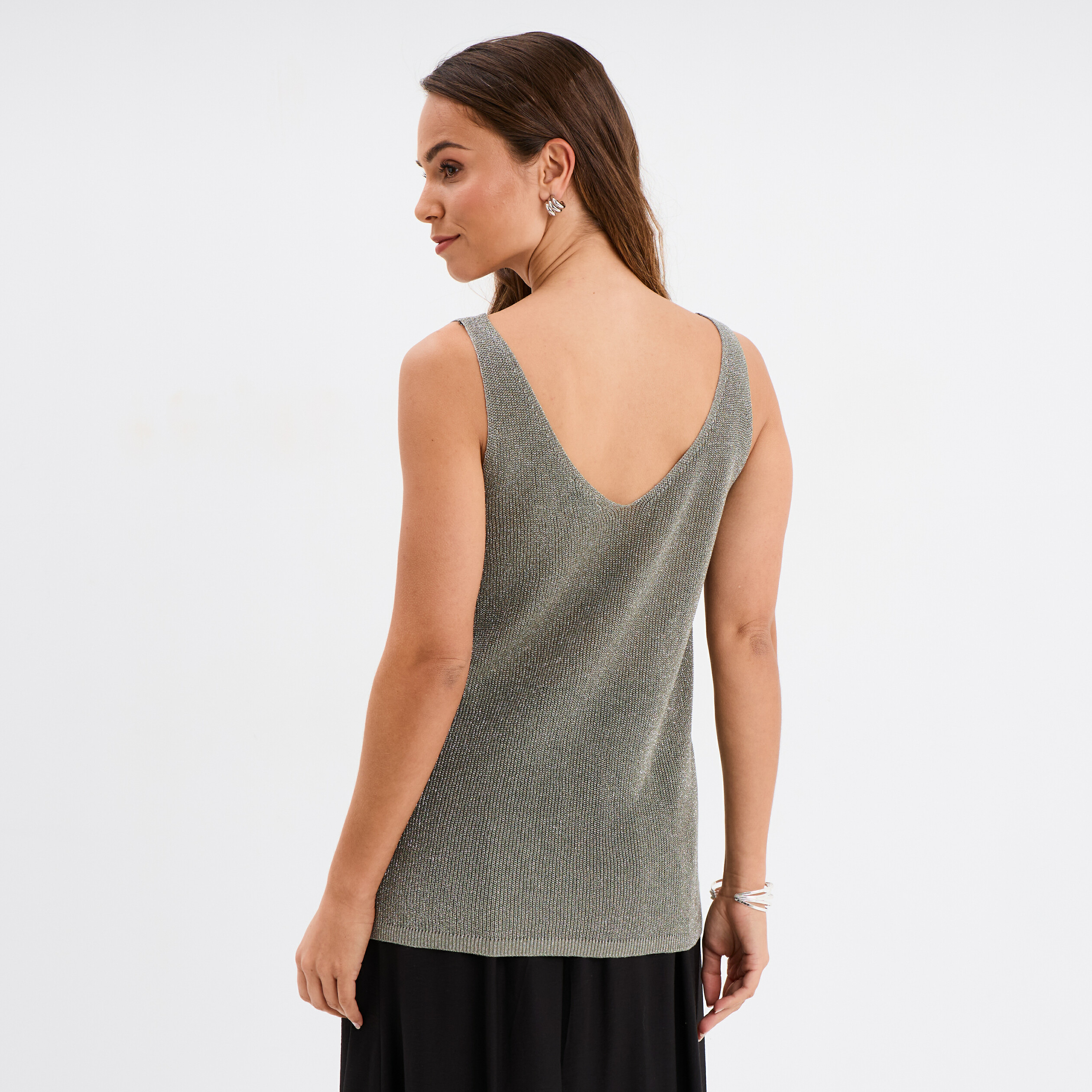 Débardeur maille col en V vert kaki femme