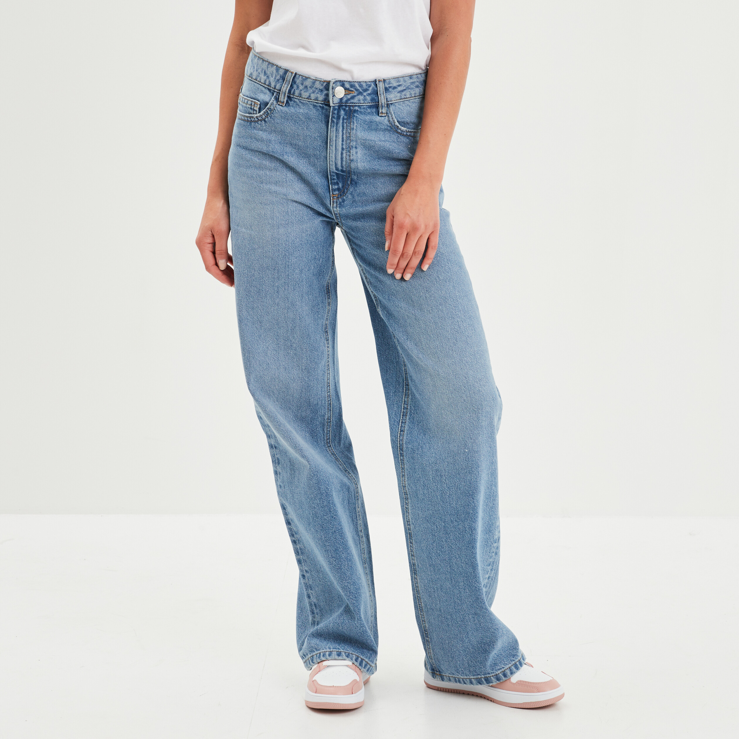 Jeans wide leg taille haute coton denim double stone femme