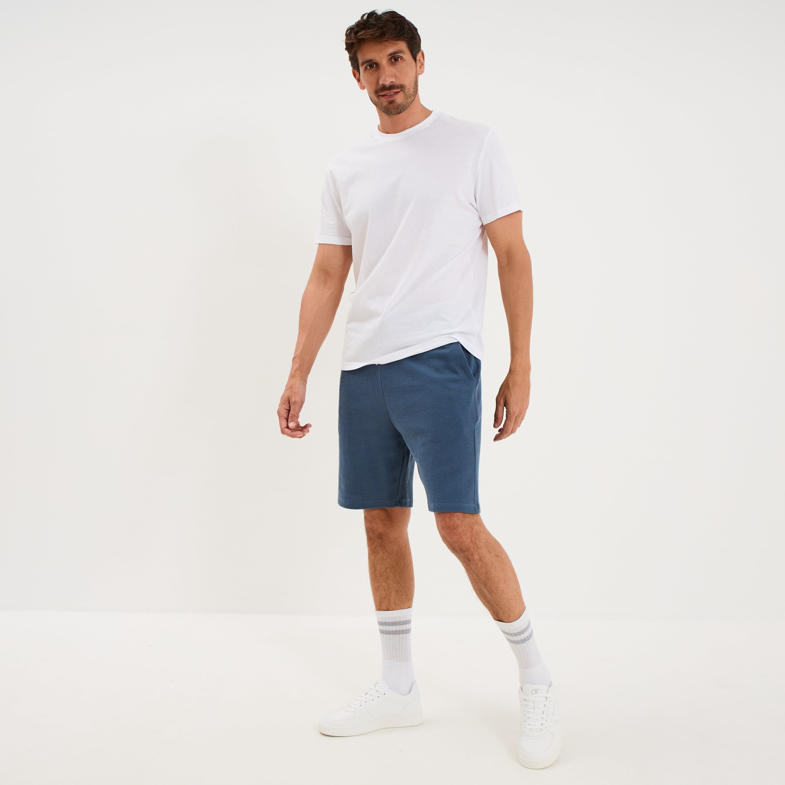 Bermuda textur&eacute; coupe droite coton bleu gris homme