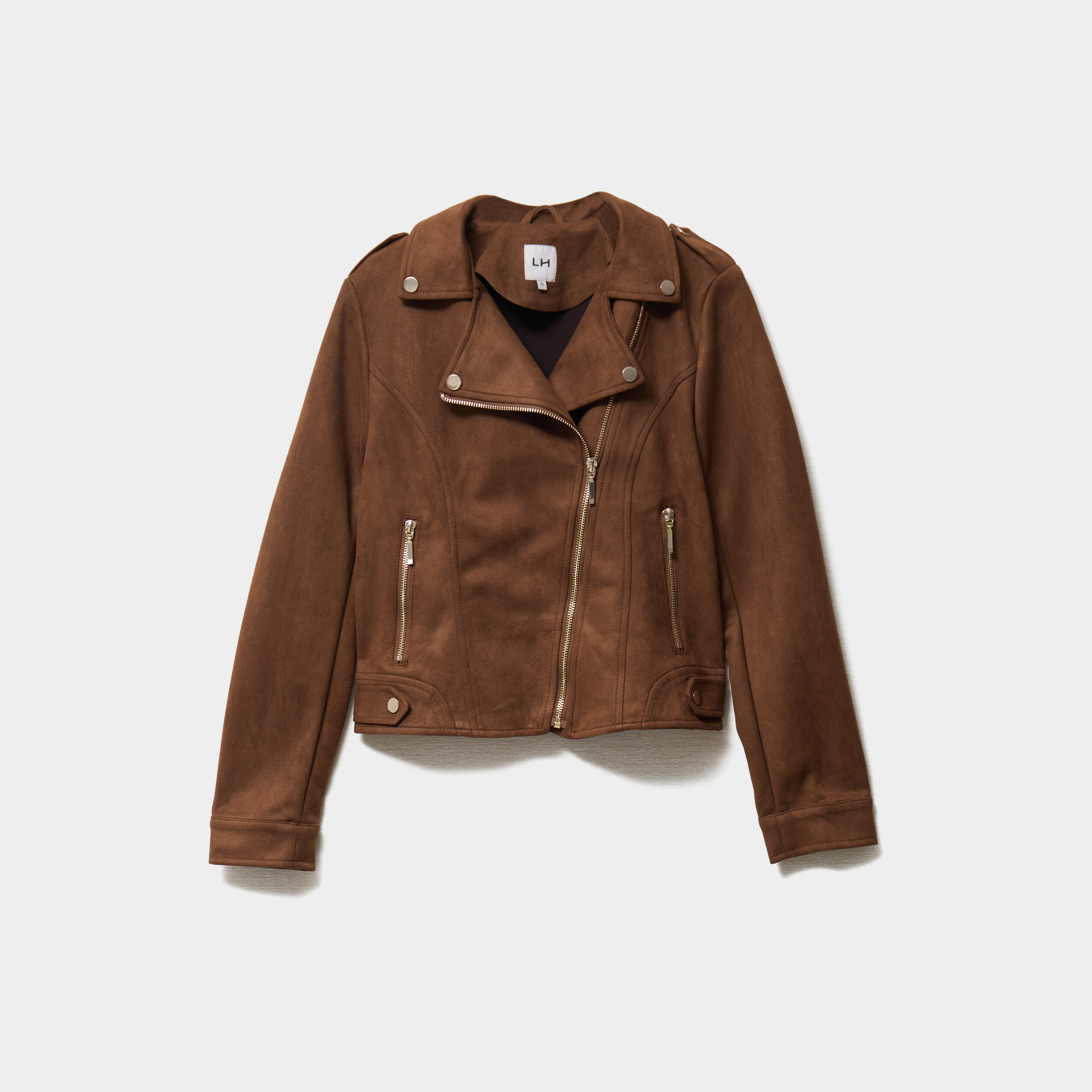 Veste courte esprit biker effet suédine camel femme