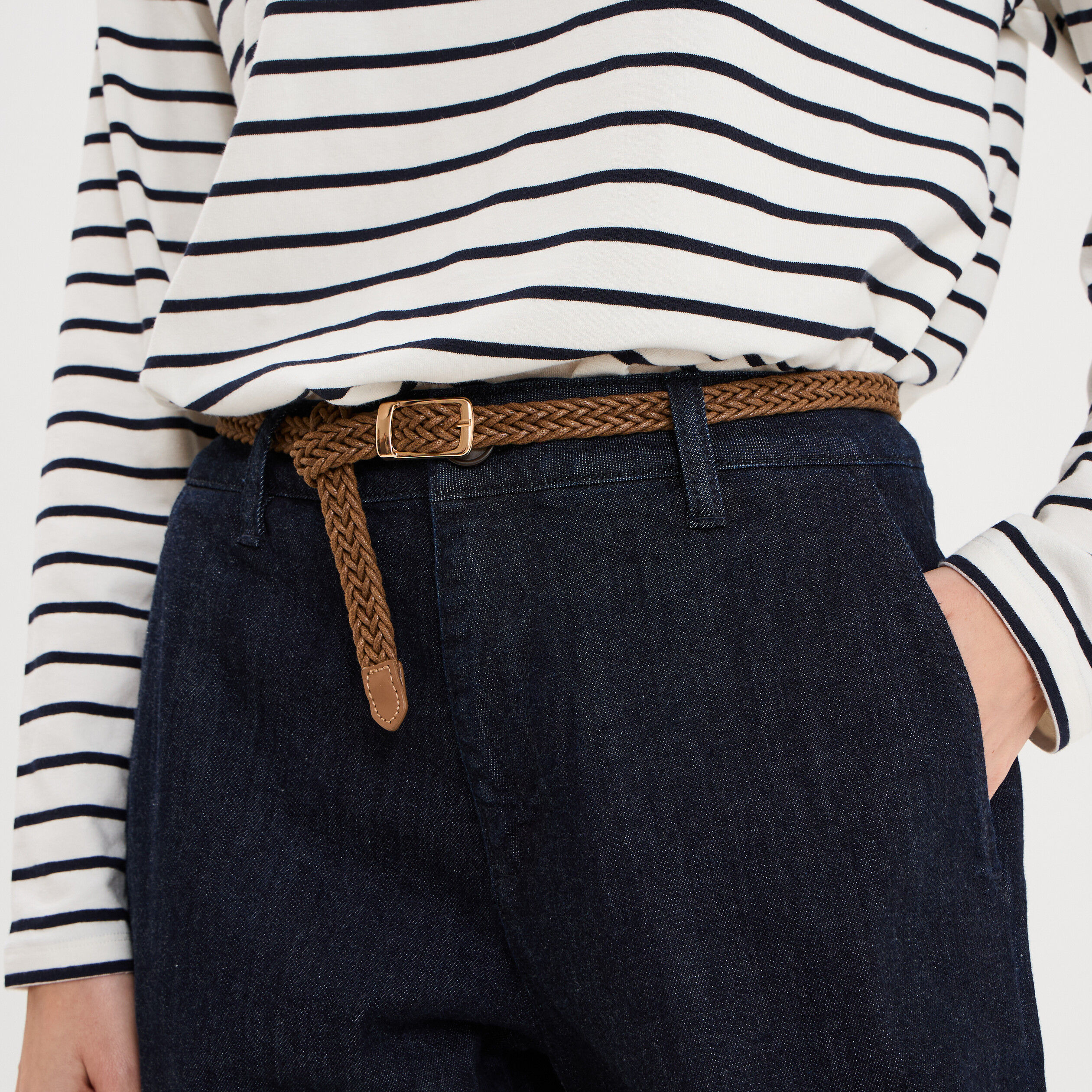 Jean chino droit avec ceinture denim brut femme