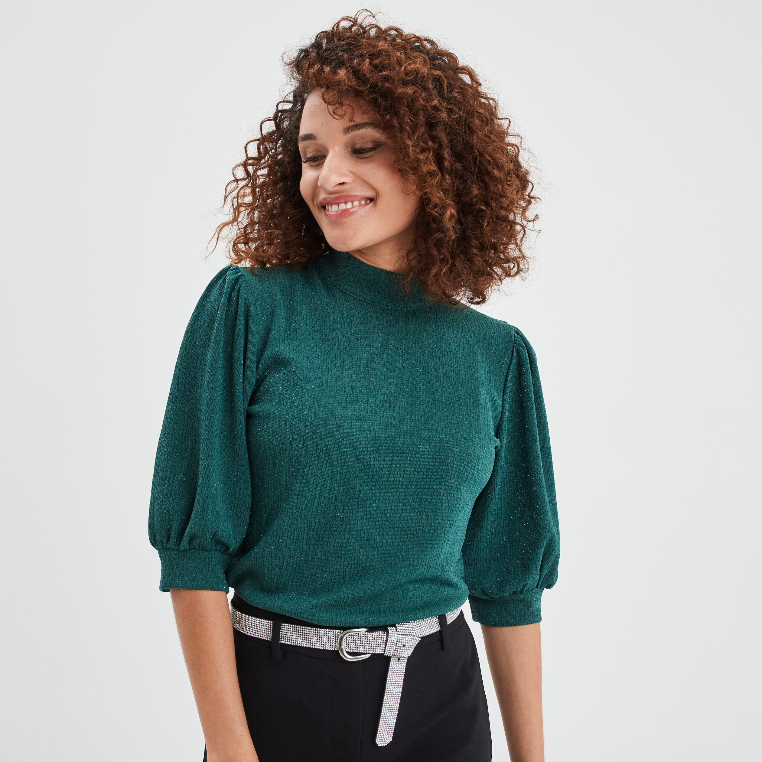 T-shirt col montant manches ballons vert foncé femme