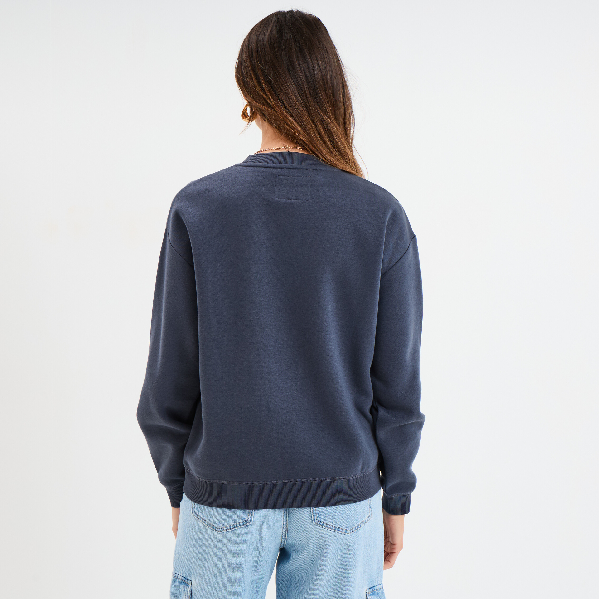 Sweat molleton col rond manches longues bleu fonc&eacute; femme