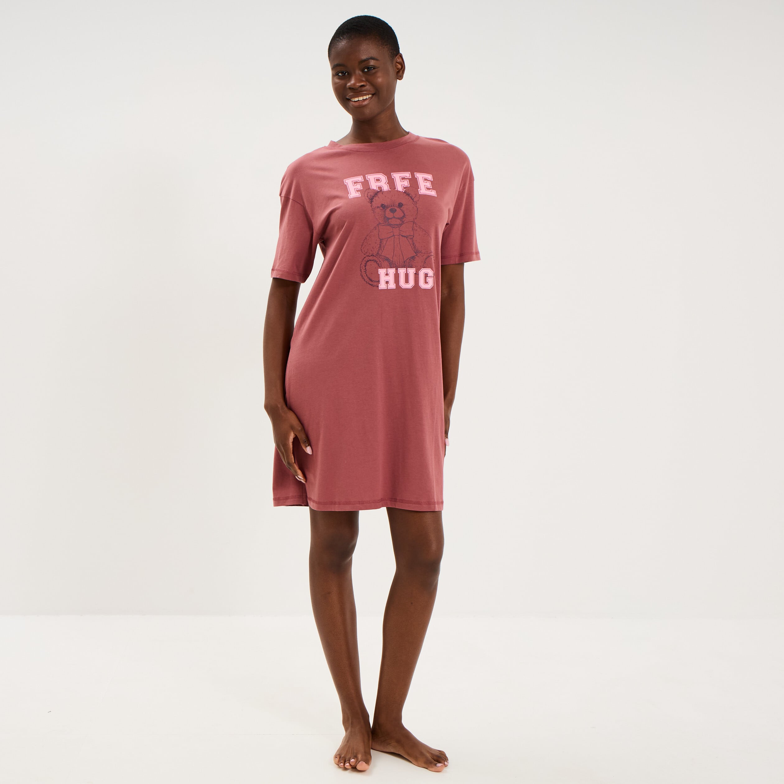 Chemise de nuit courte coton rose framboise femme