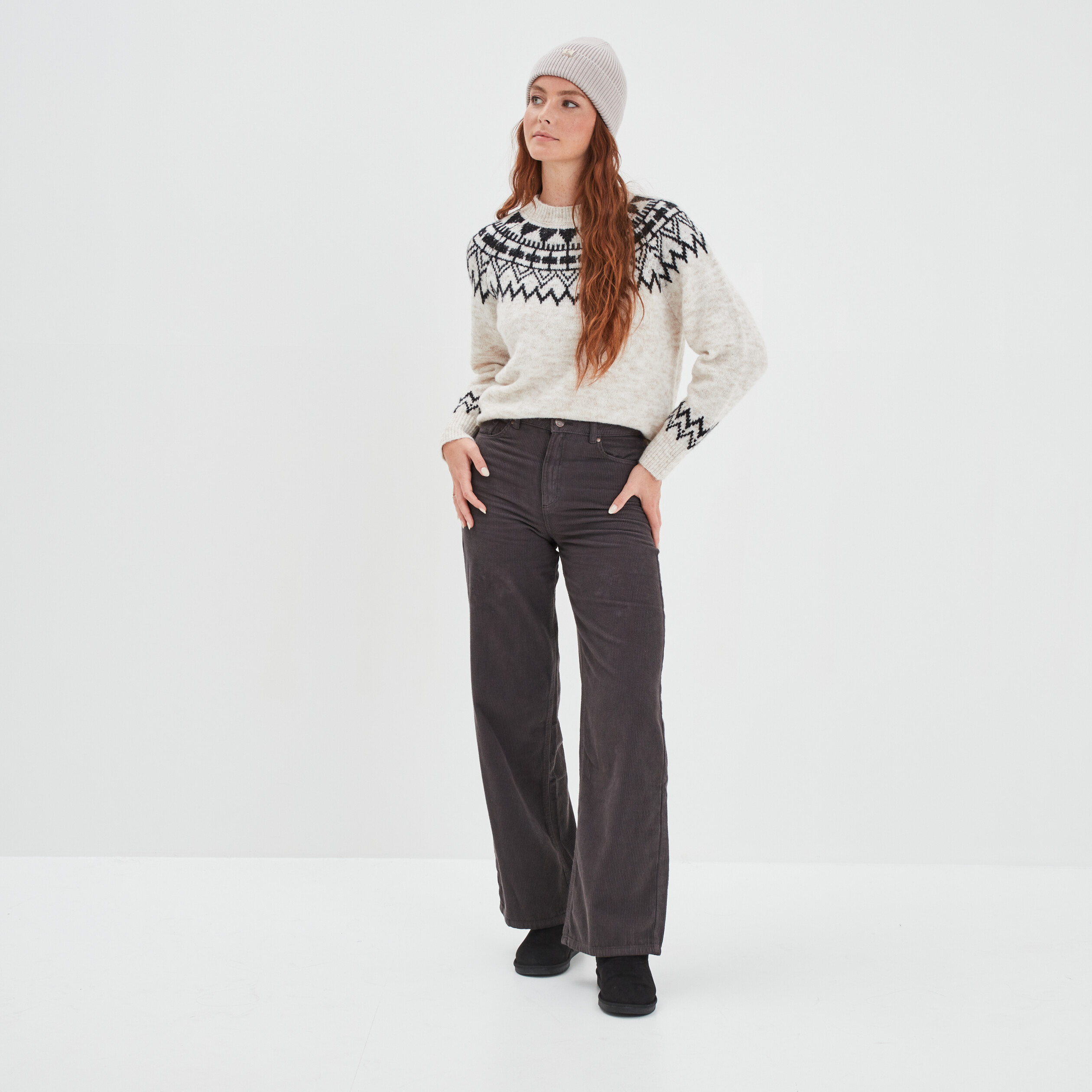 Pantalon velours taille haute large gris foncé femme