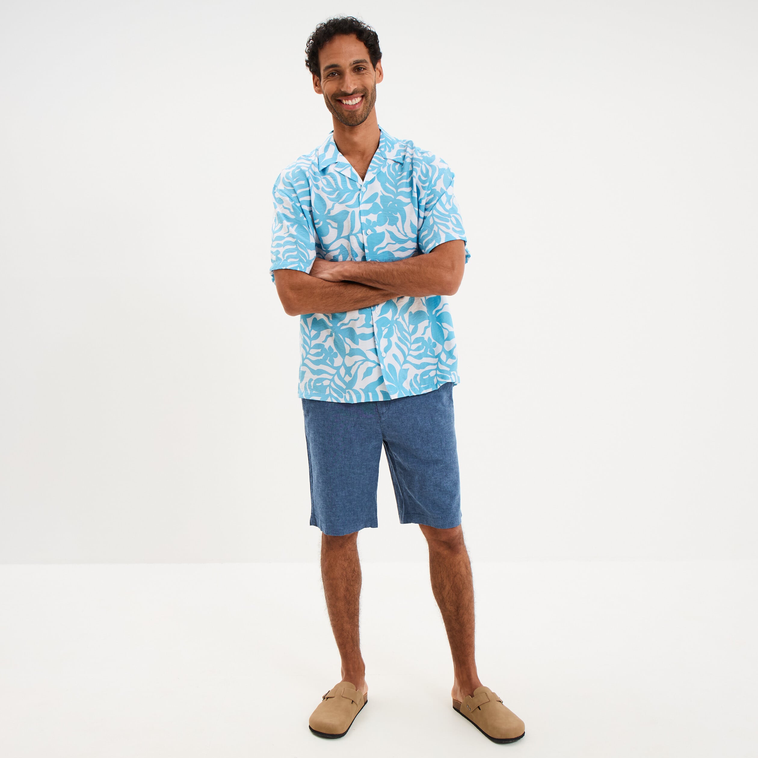 Bermuda chino &agrave; coulisse lin m&eacute;lang&eacute; bleu homme