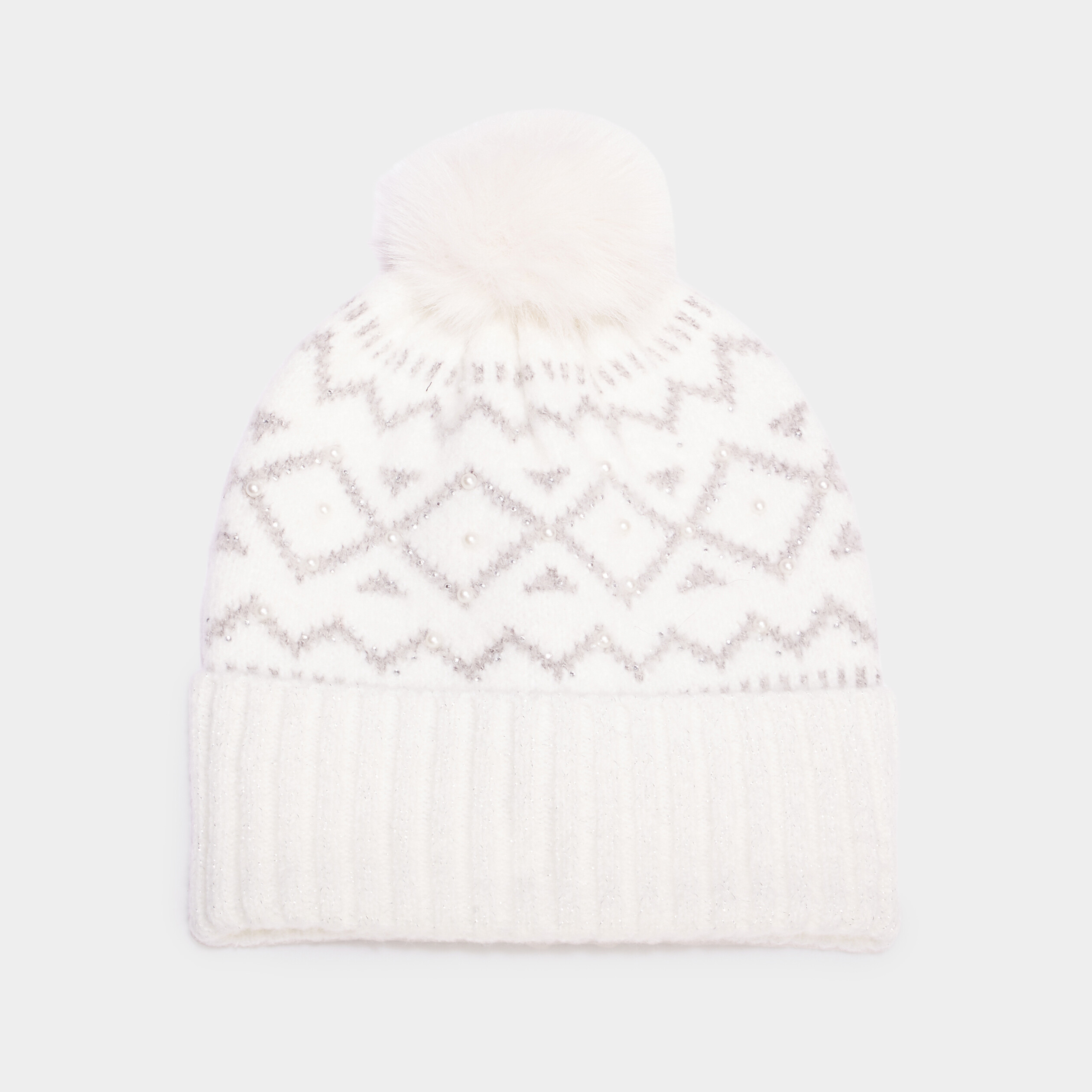 Bonnet avec pompon ivoire femme