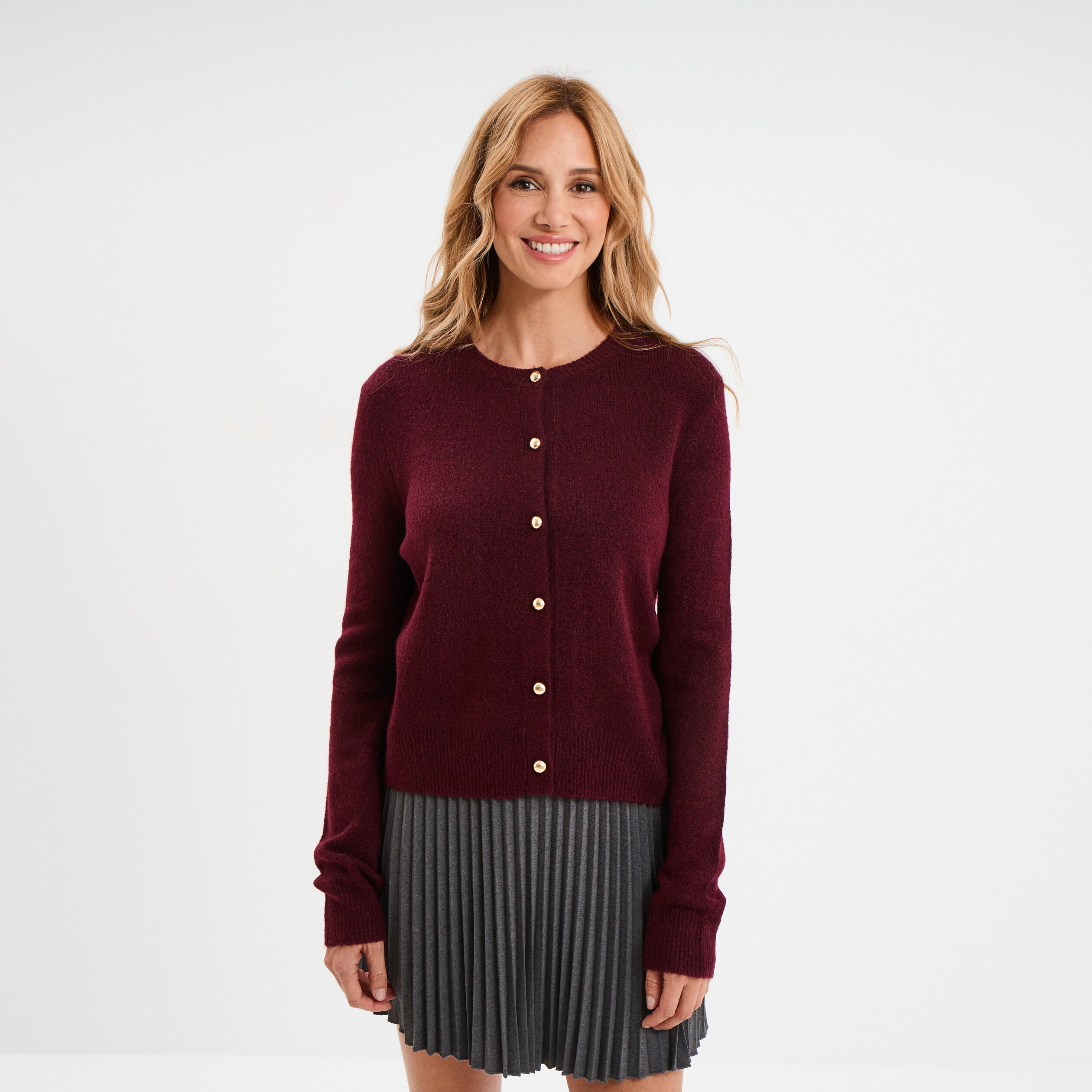 gilet col rond manches longues bordeaux femme Gilet col rond manches longues bordeaux femme