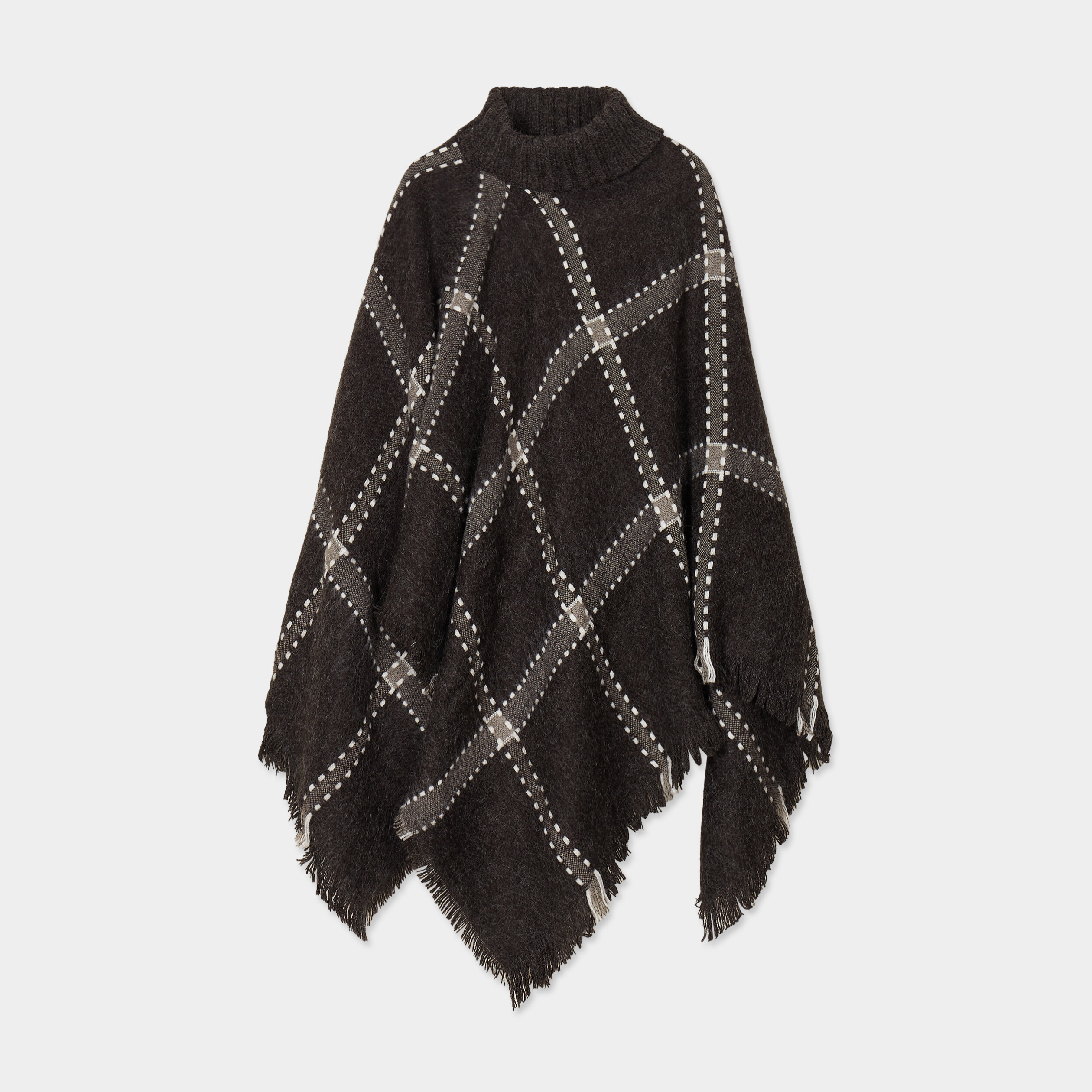 poncho a col roule bords a franges fines gris fonce femme Poncho à col roulé bords à franges fines gris foncé femme