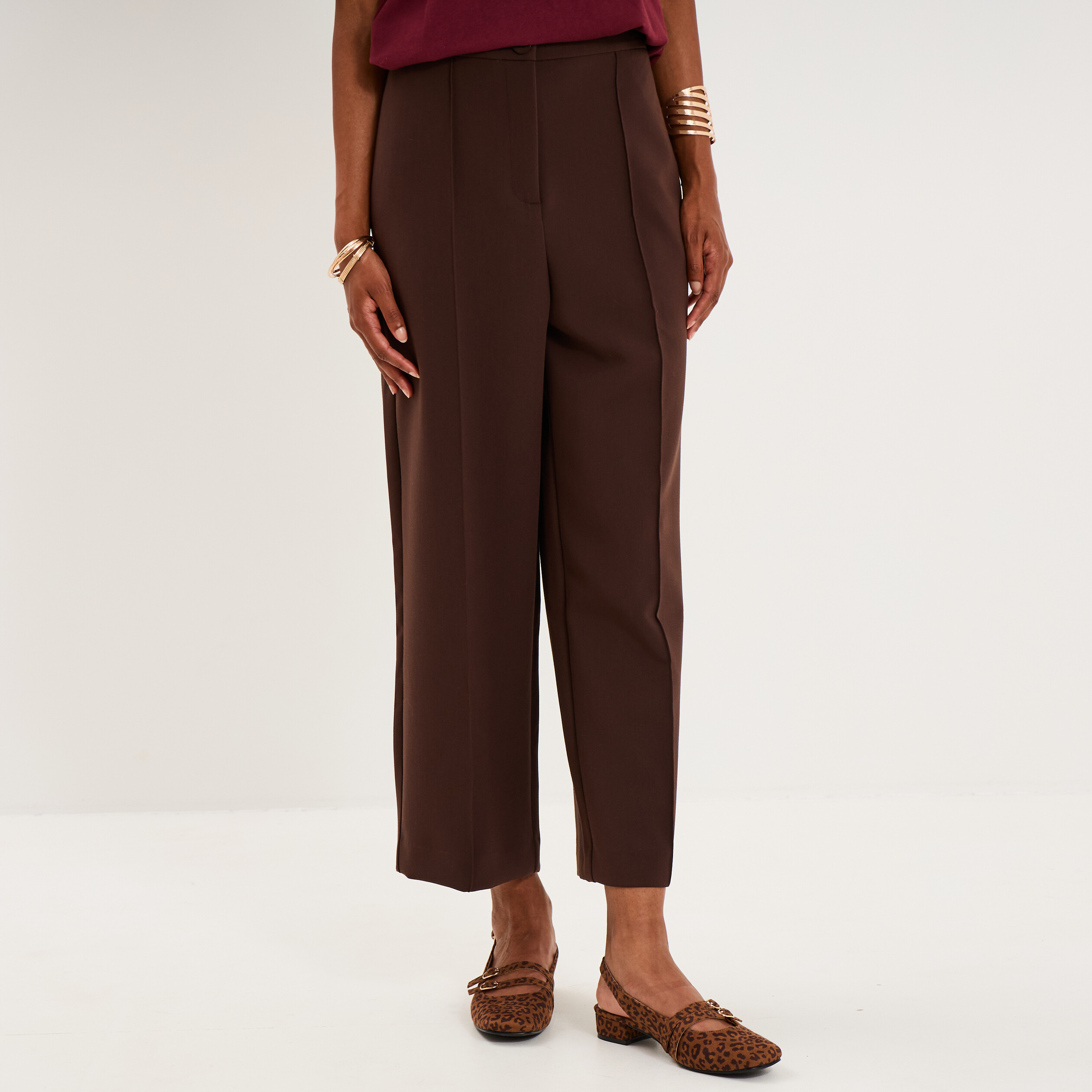 Pantalon droit cropped taille haute marron fonc&eacute; femme