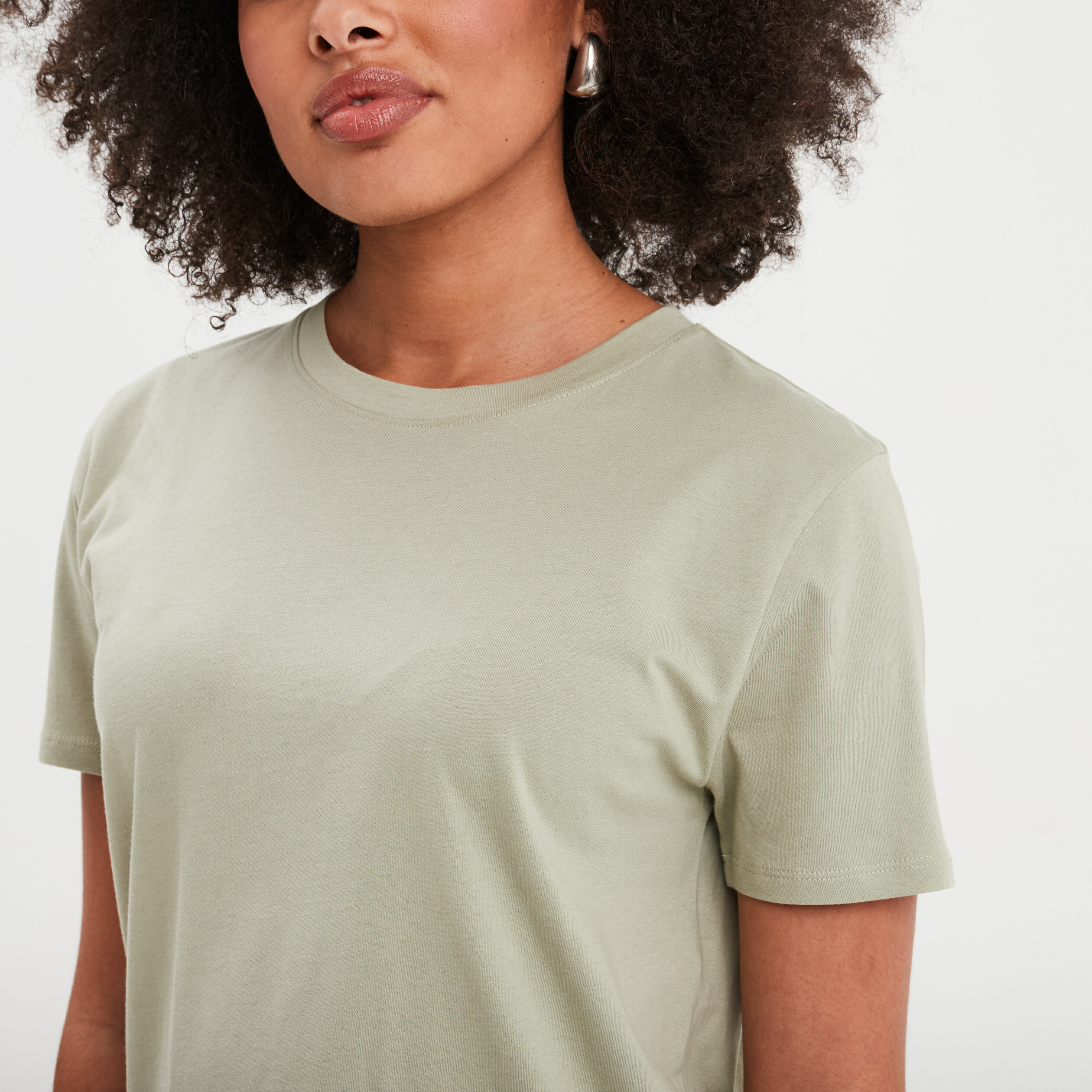 T-shirt col rond manches courtes coton vert kaki femme