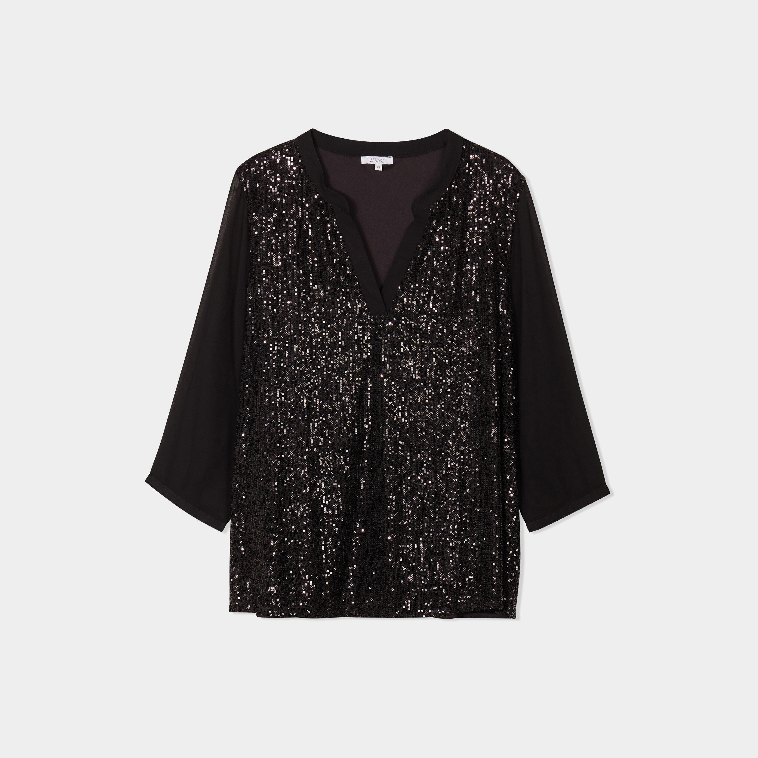 Blouse sequins manches 3/4 transparentes noir femme grande taille