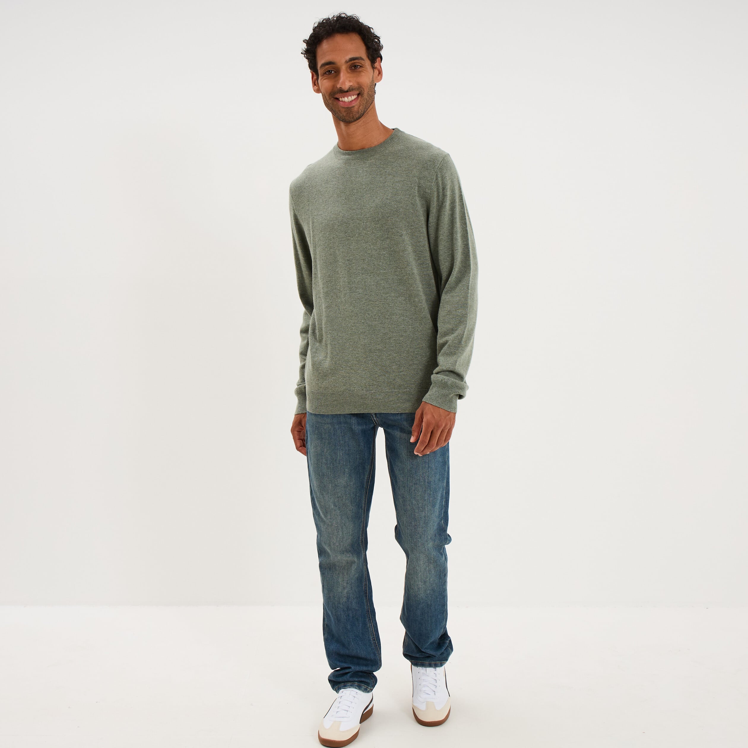 Pull col rond manches longues vert kaki homme