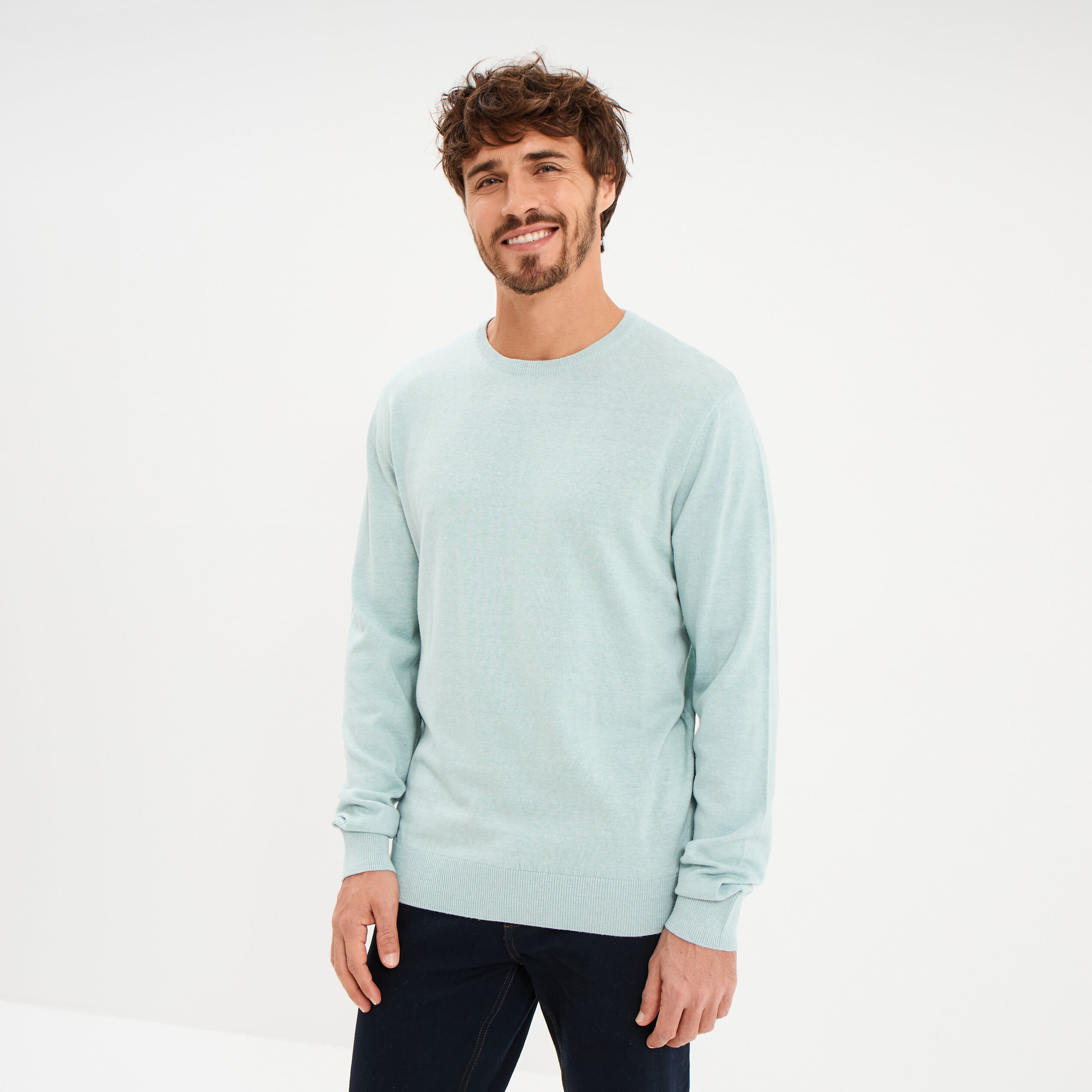 Pull droit col rond coton m&eacute;lang&eacute; bleu gris homme