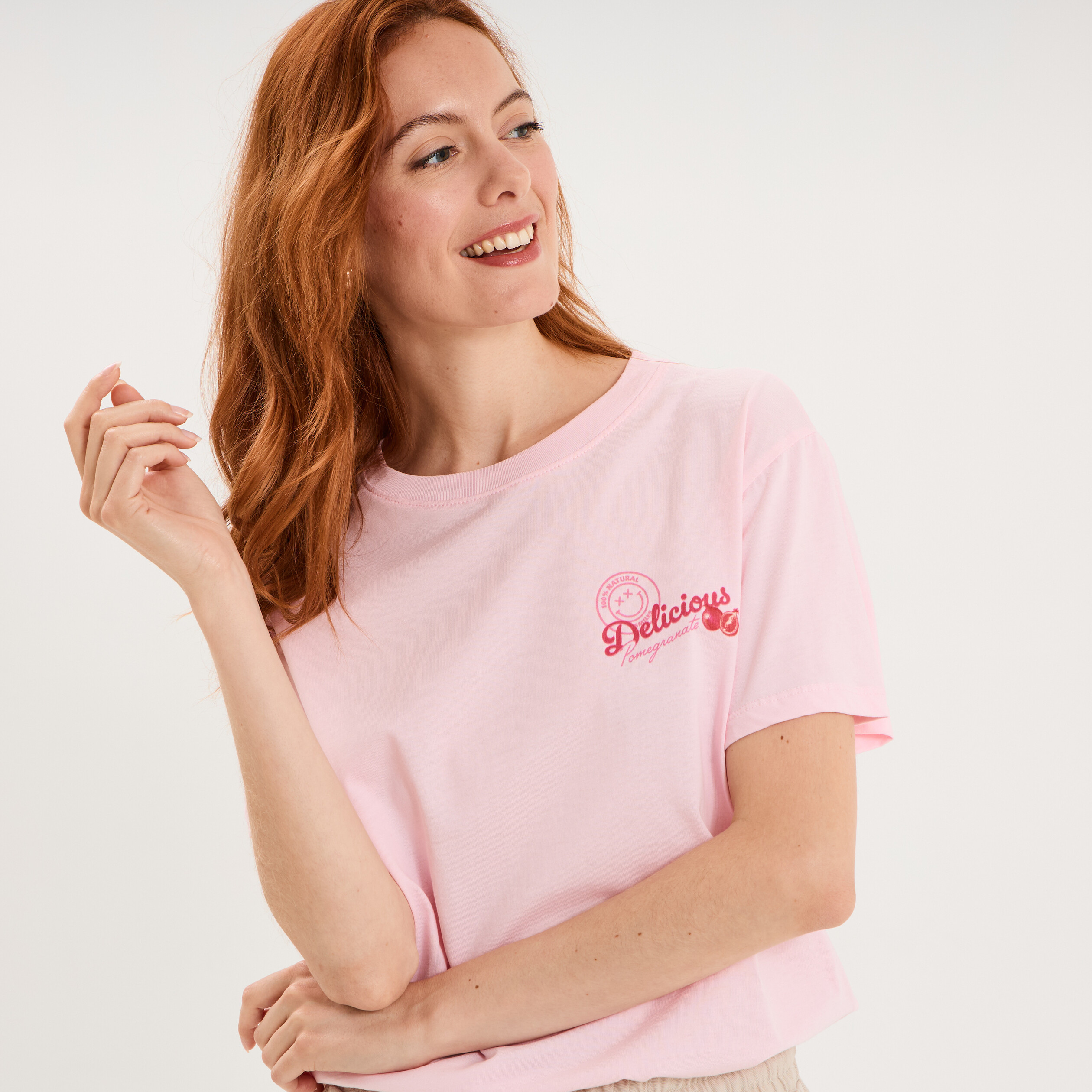T-shirt col rond coton Smiley World rose femme