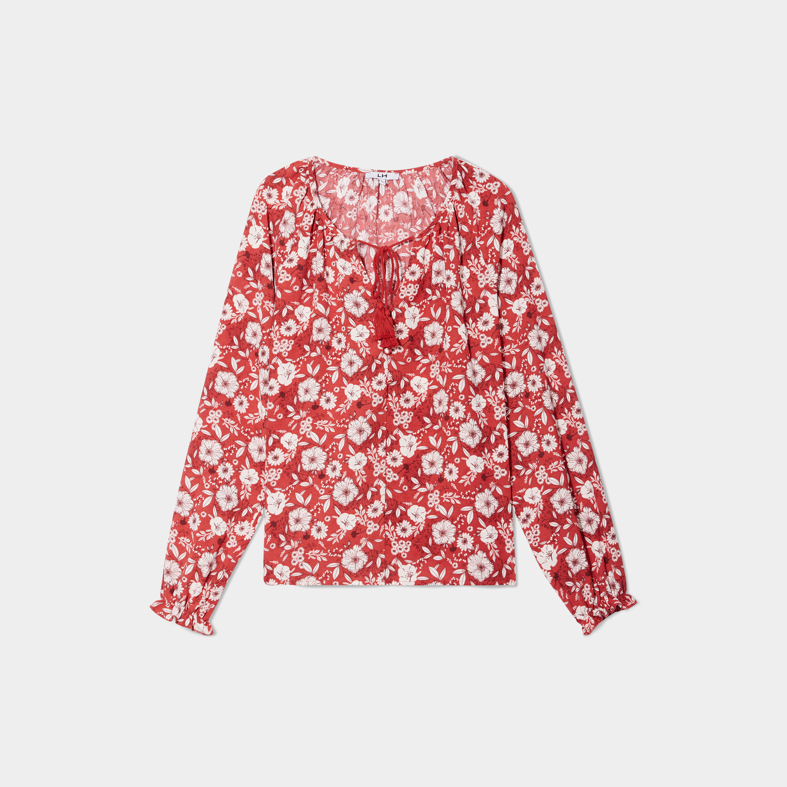 blouse col v avec cordons a pampilles marron cognac femme Blouse col v avec cordons à pampilles marron cognac femme