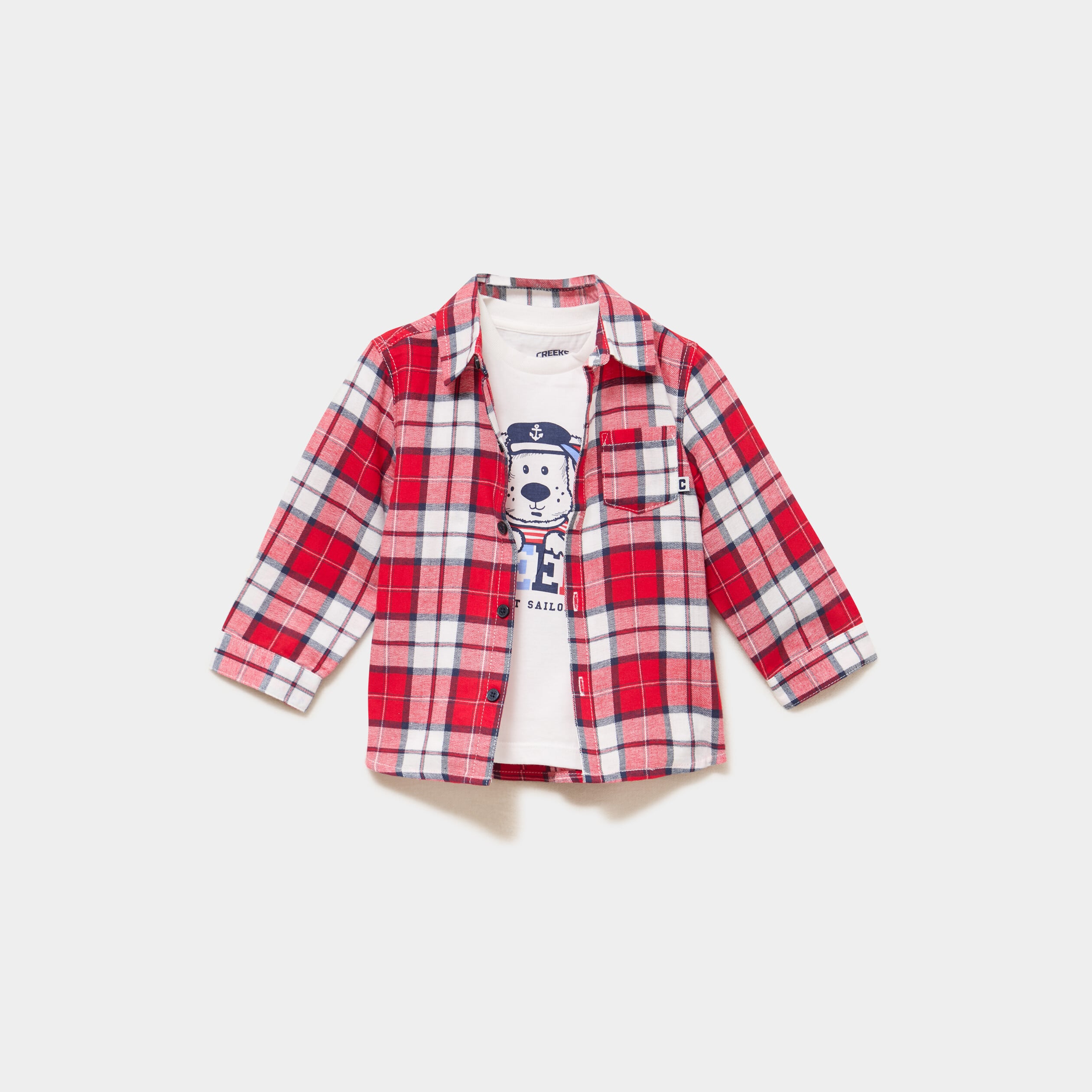 Ensemble 2 pi&egrave;ces chemise t-shirt coton rouge fonc&eacute; b&eacute;b&eacute; gar&ccedil;on