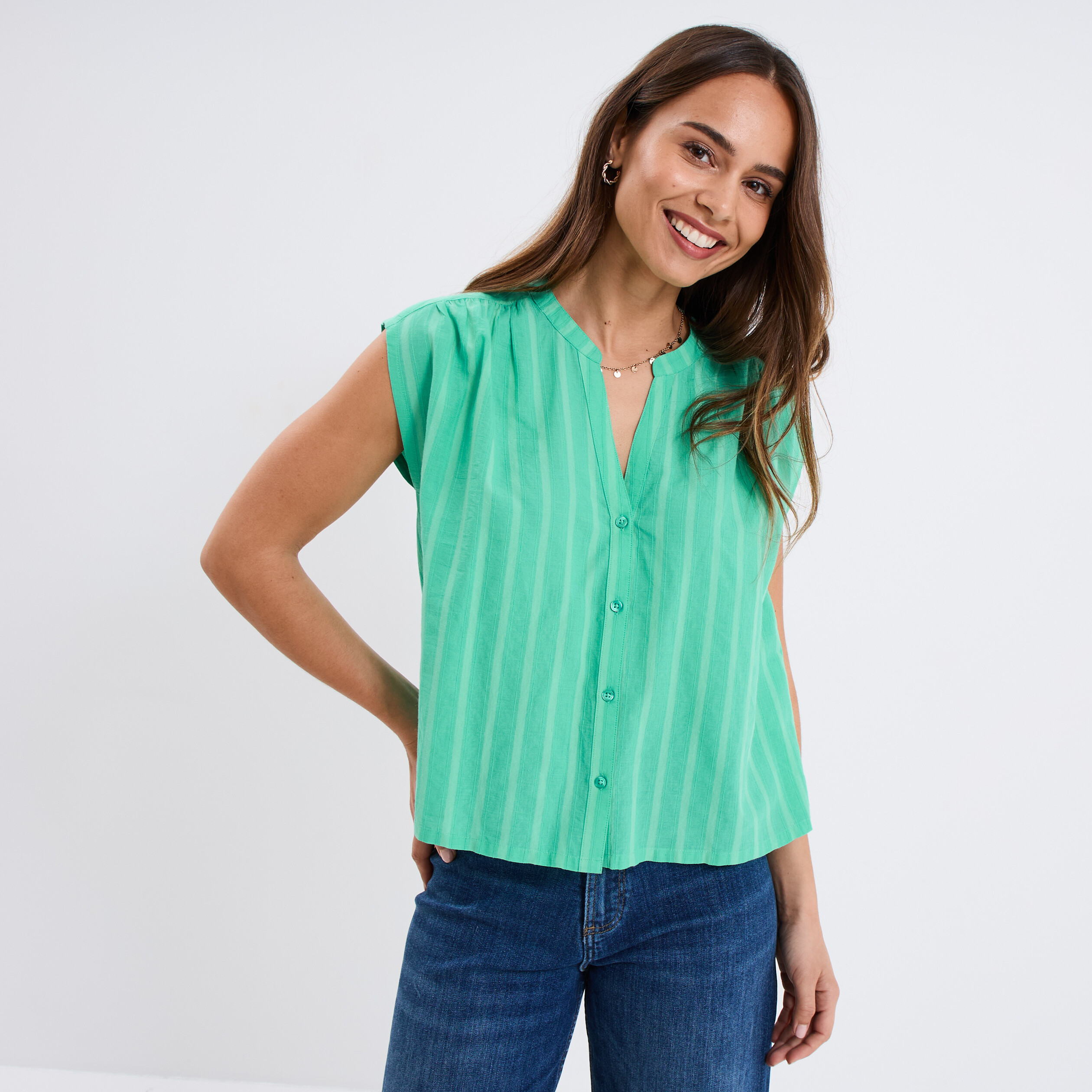 blouse sans manches col tunisien coton vert menthe femme Blouse sans manches col tunisien coton vert menthe femme