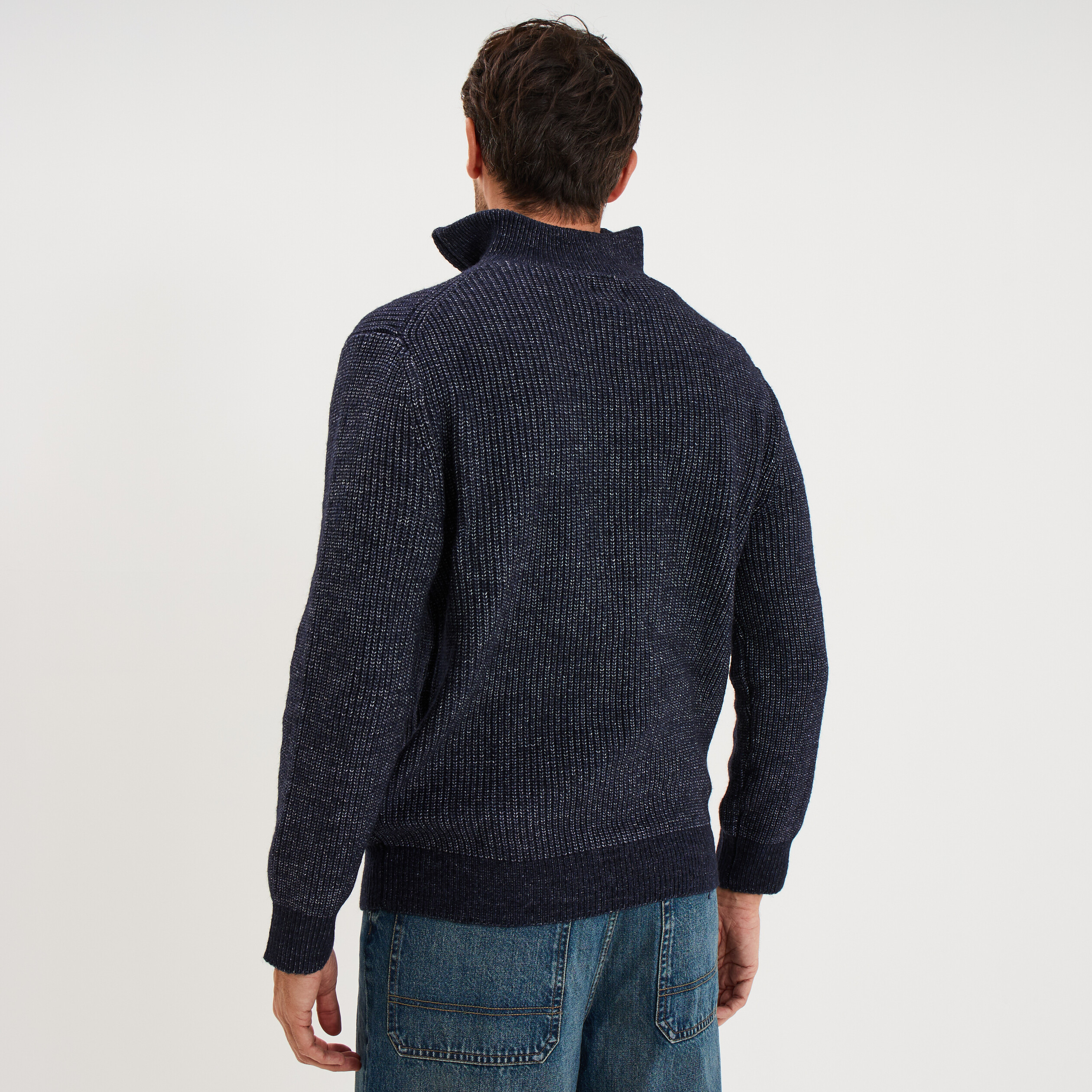 Pull avec col camionneur c&ocirc;tel&eacute; bleu fonc&eacute; homme