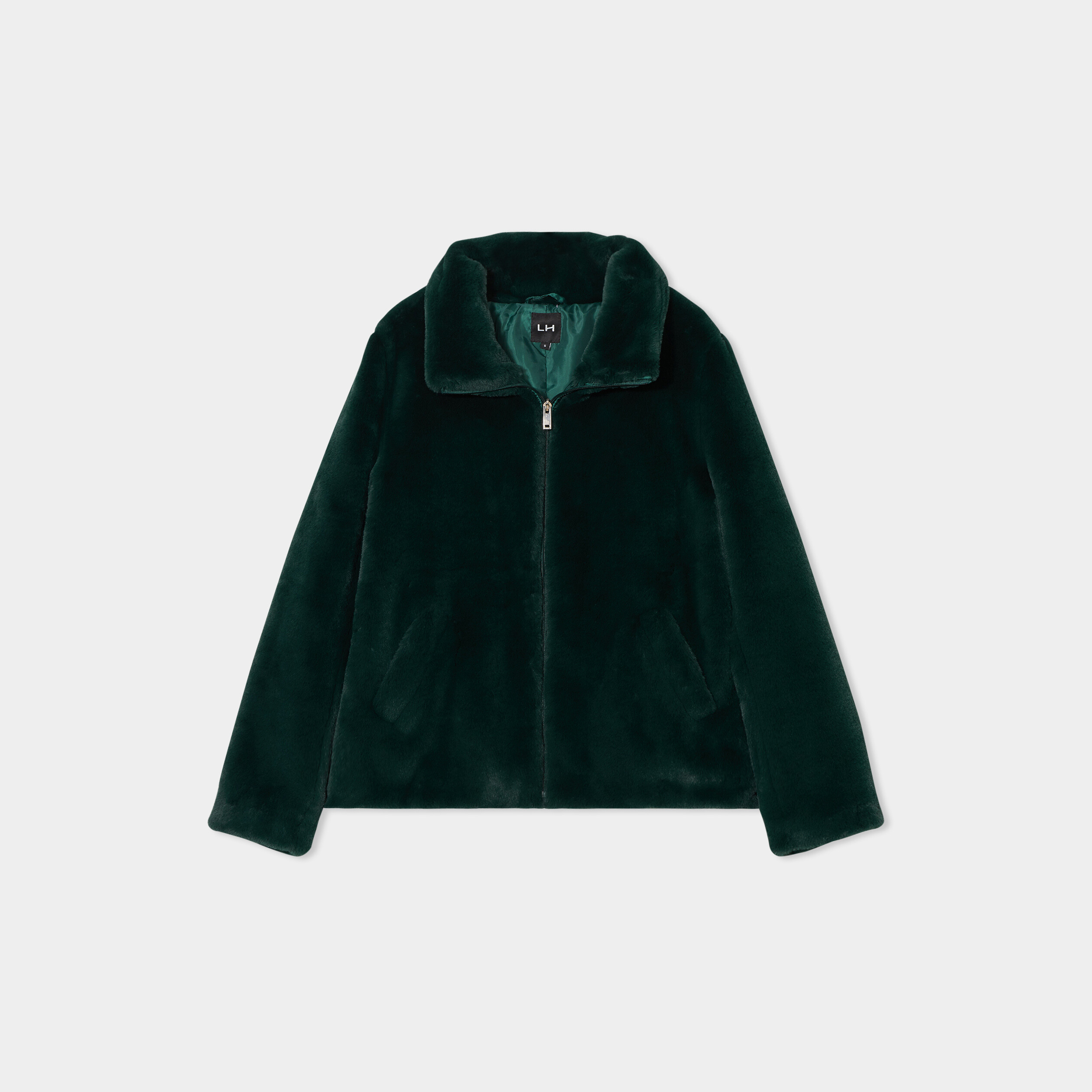 veste fausse fourrure zippee vert fonce femme Veste fausse fourrure zippée vert foncé femme