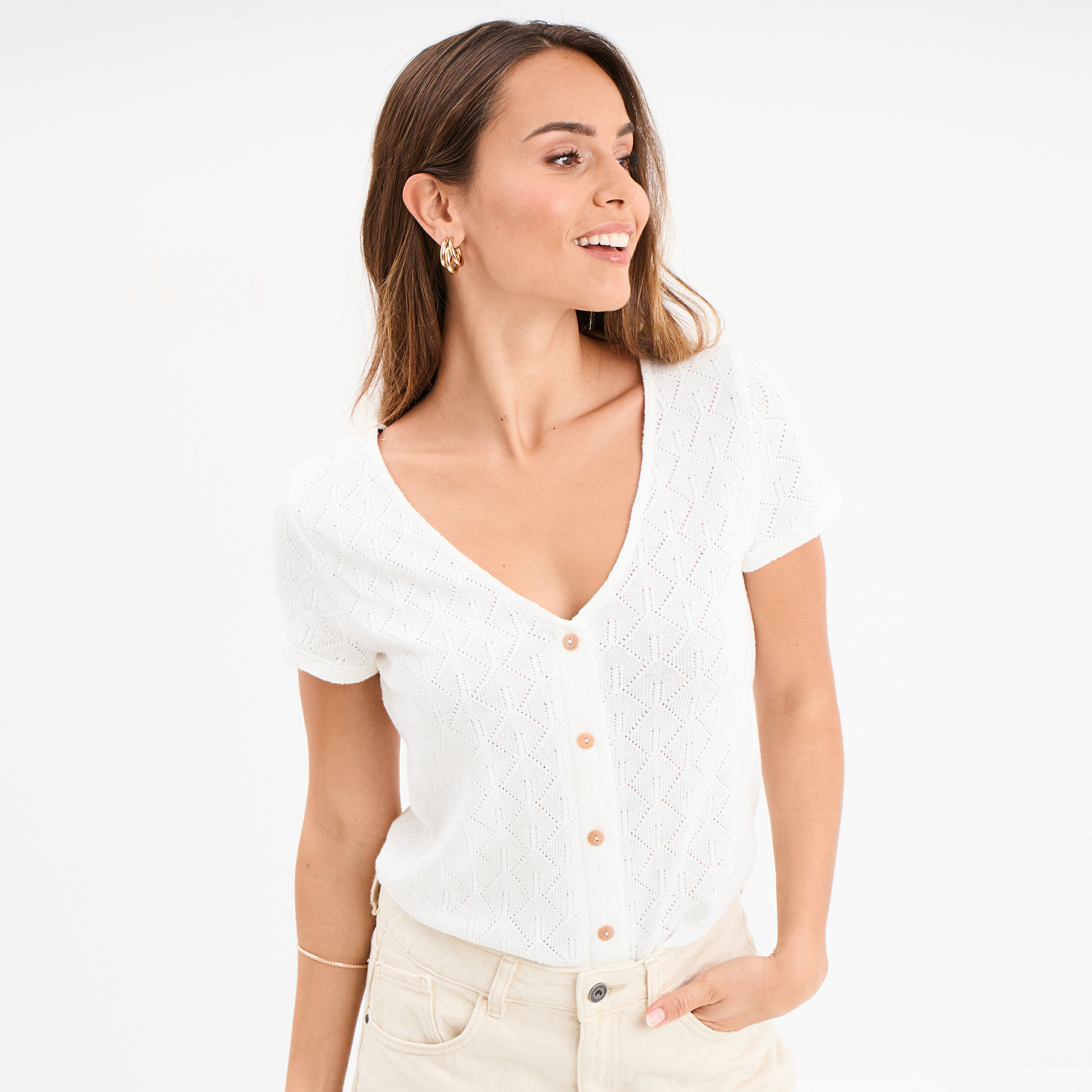 t shirt col v devant dos blanc femme T-shirt col V devant dos blanc femme