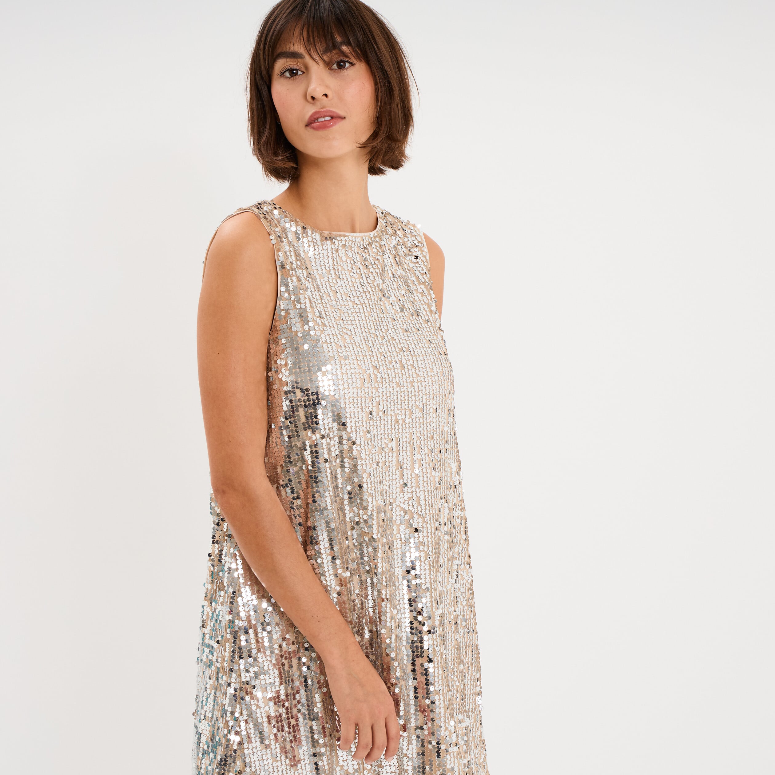 Robe &agrave; sequins sans manches courte jaune or femme