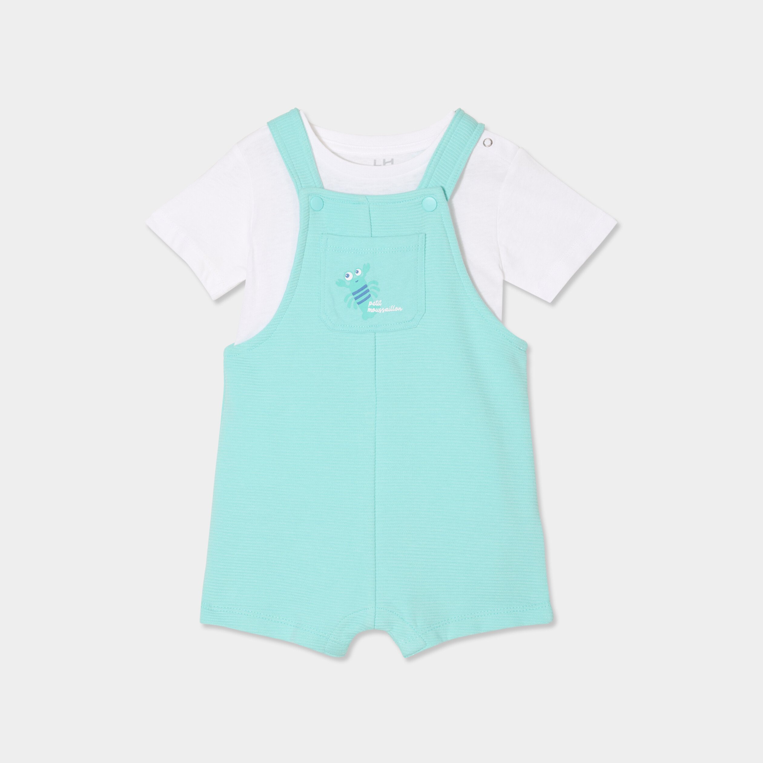 Ensemble 2 pièces avec salopette coton bleu turquoise bébé garçon