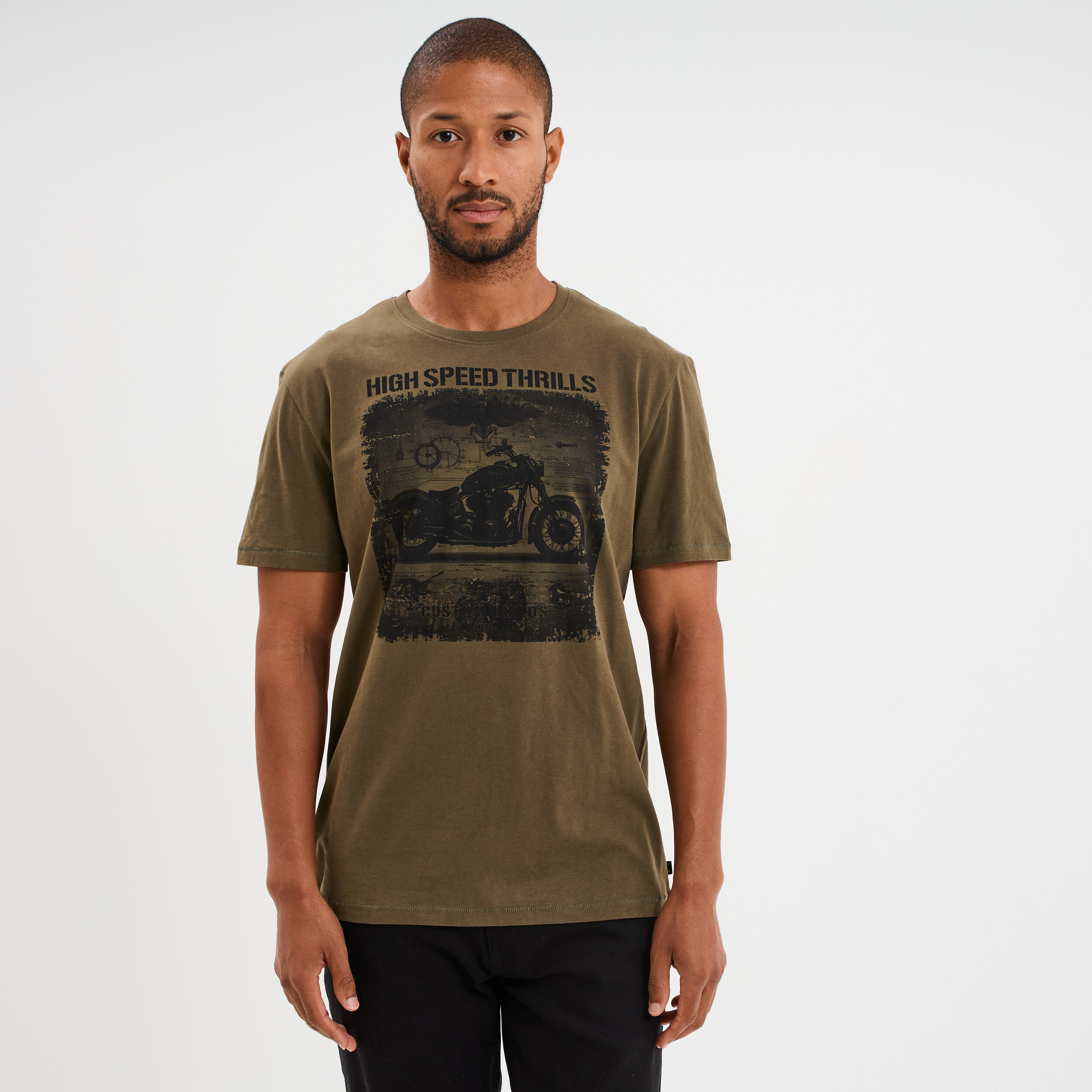T-shirt &agrave; manches courtes col rond coton vert kaki homme