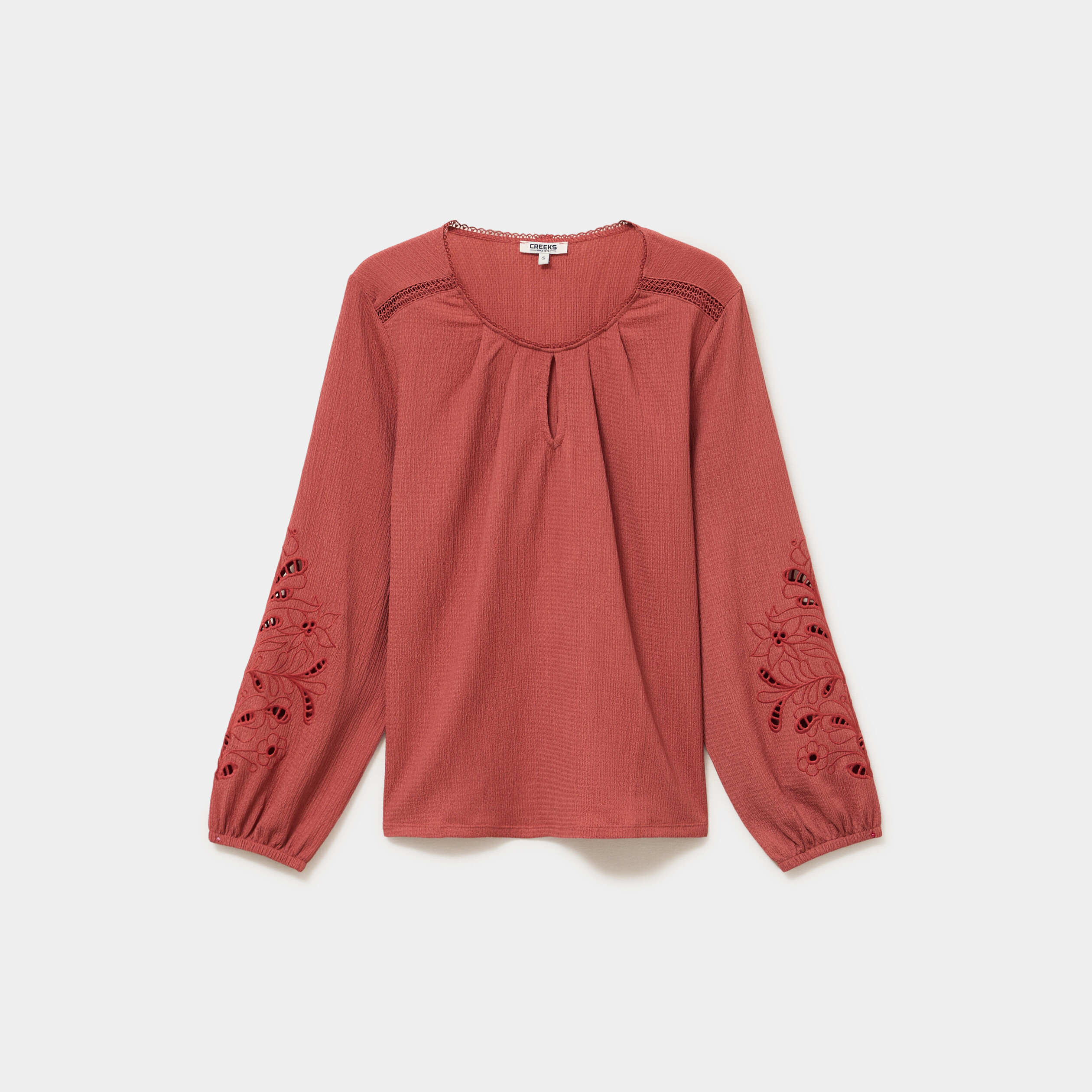 Blouse manches brod&eacute;es ajour&eacute;es coton vieux rose femme