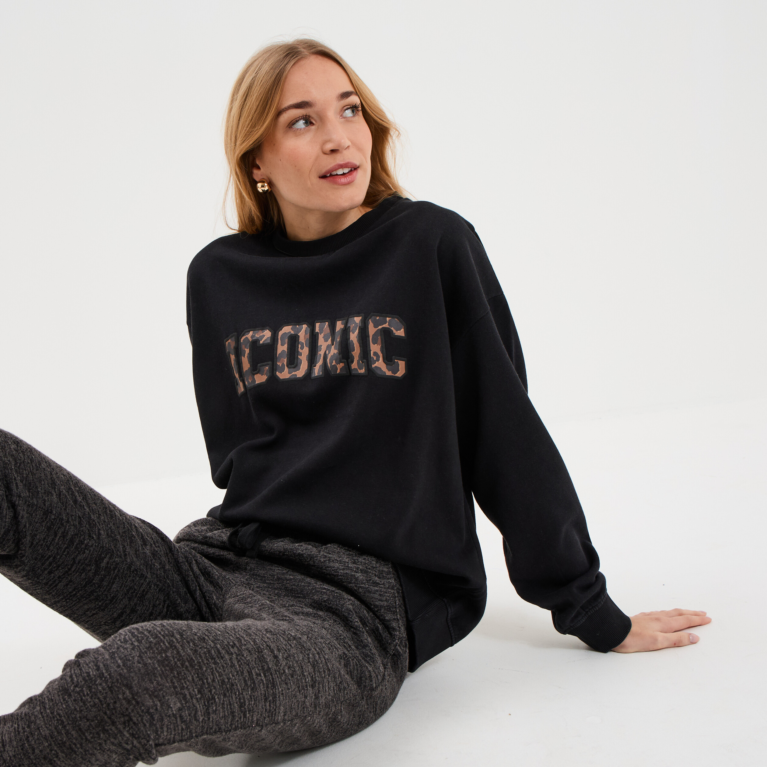 Sweat-shirt chaud doublé Sherpa à col rond à manches longues en polaire surdimensionné décontracté thermique Y2K pour femme, A01 Noir, Petit